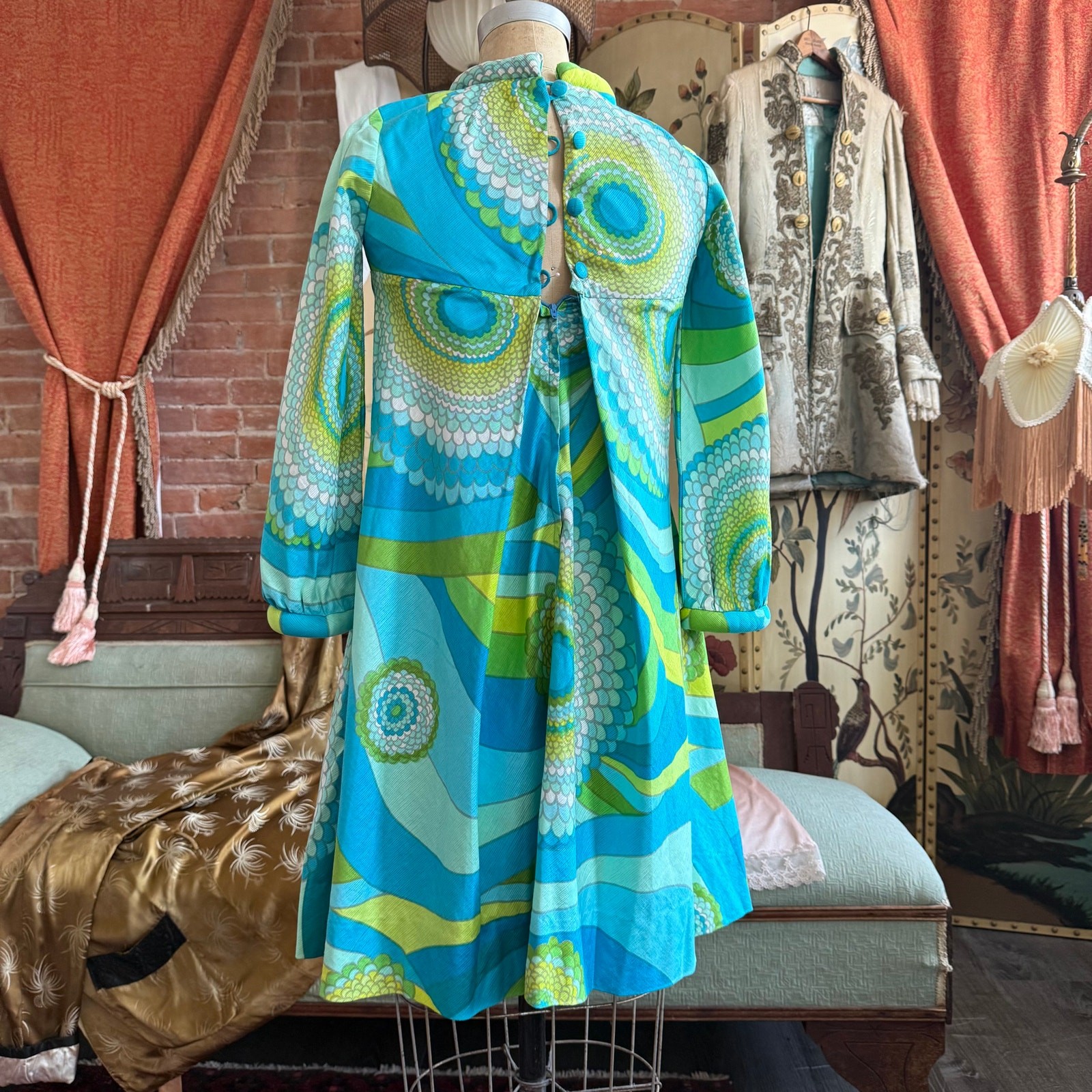 Vtg 60s 70s Psychedelic Mod Mini Dress Teal & Lime Mock Neck Trapeze Size XS
