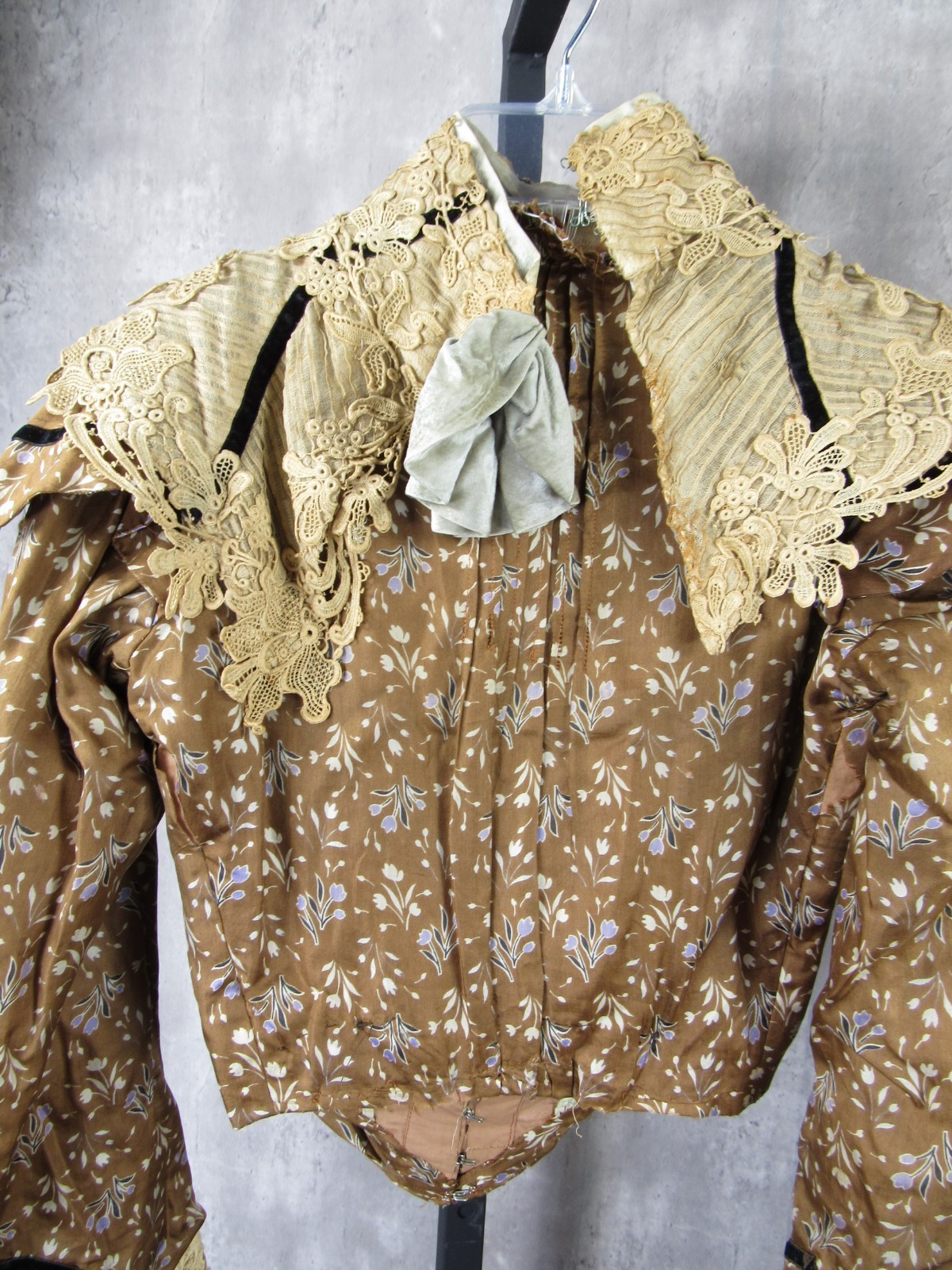 Antique Victorian 1890s Brown & Blue Silk Floral Calico Print Dress Maxi Vintage