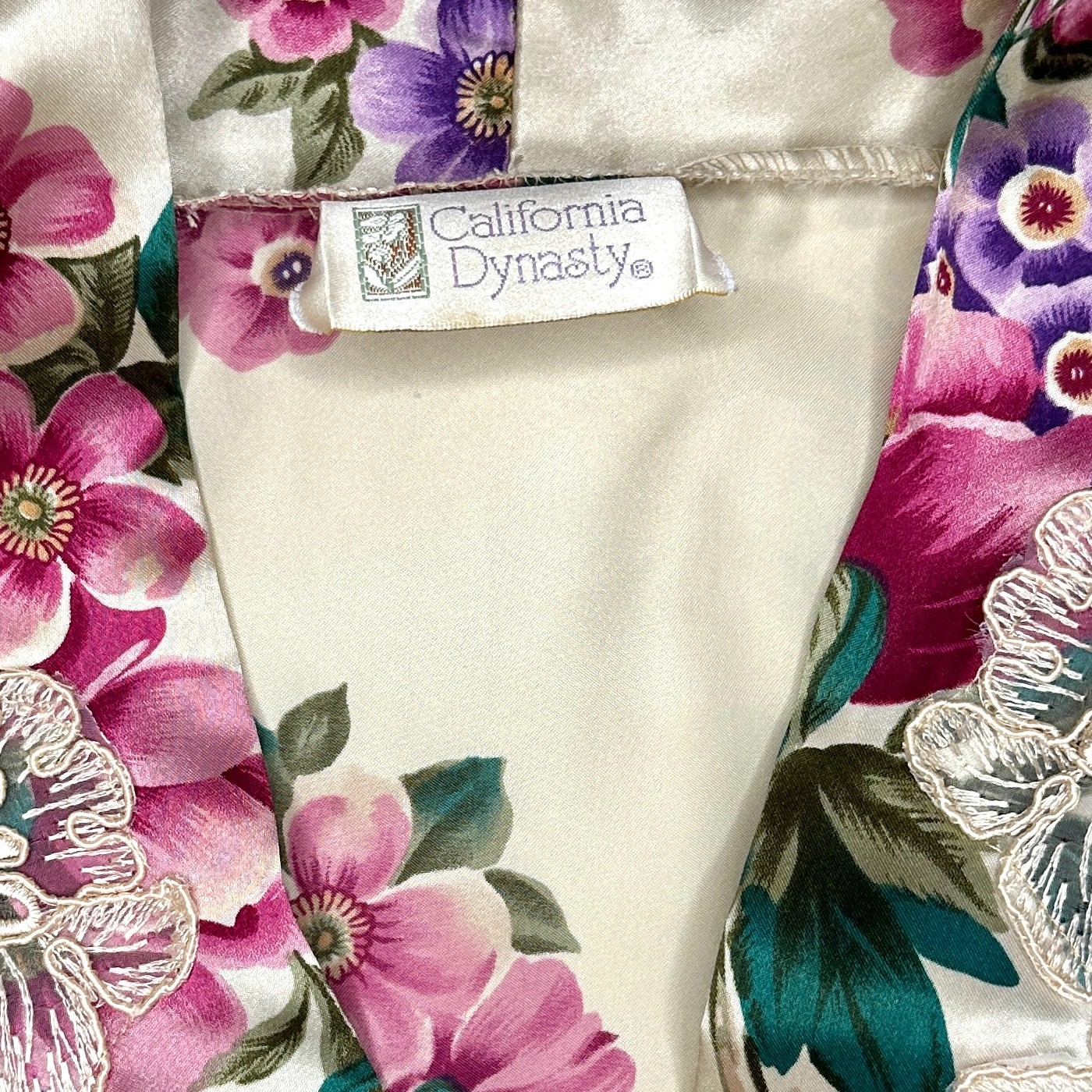 VTG California Dynasty Floral Lace Belted Robe, Small Made USA Coquette Cottage
