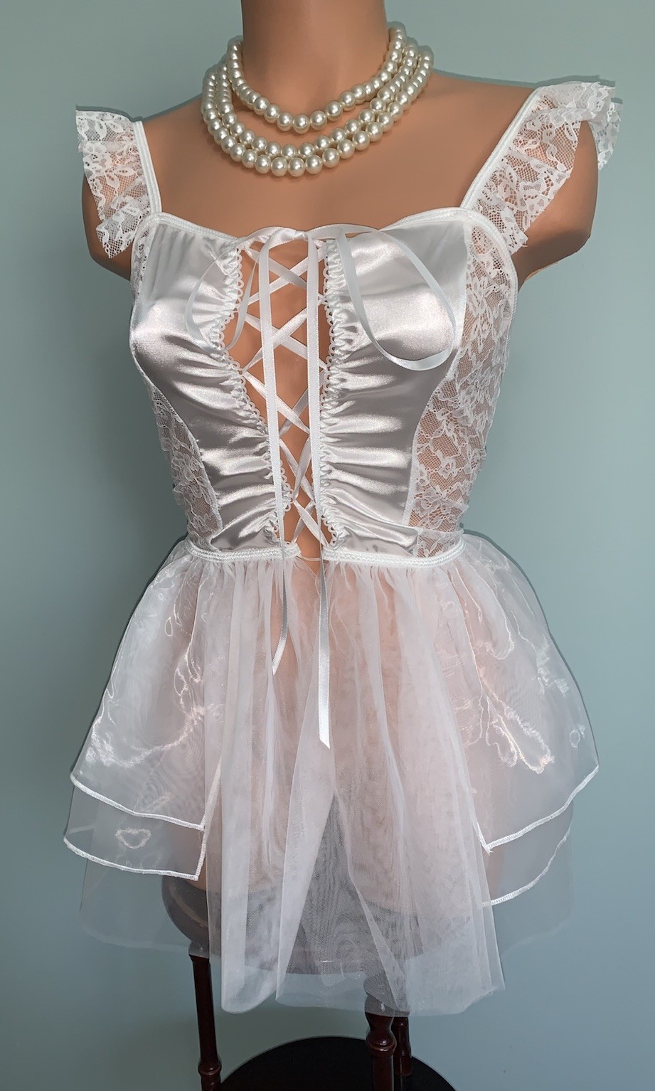 NEW SHEER 3 layer Chiffon Bridal Nightie Negligee XL Satin Bow Ribbons TuTu