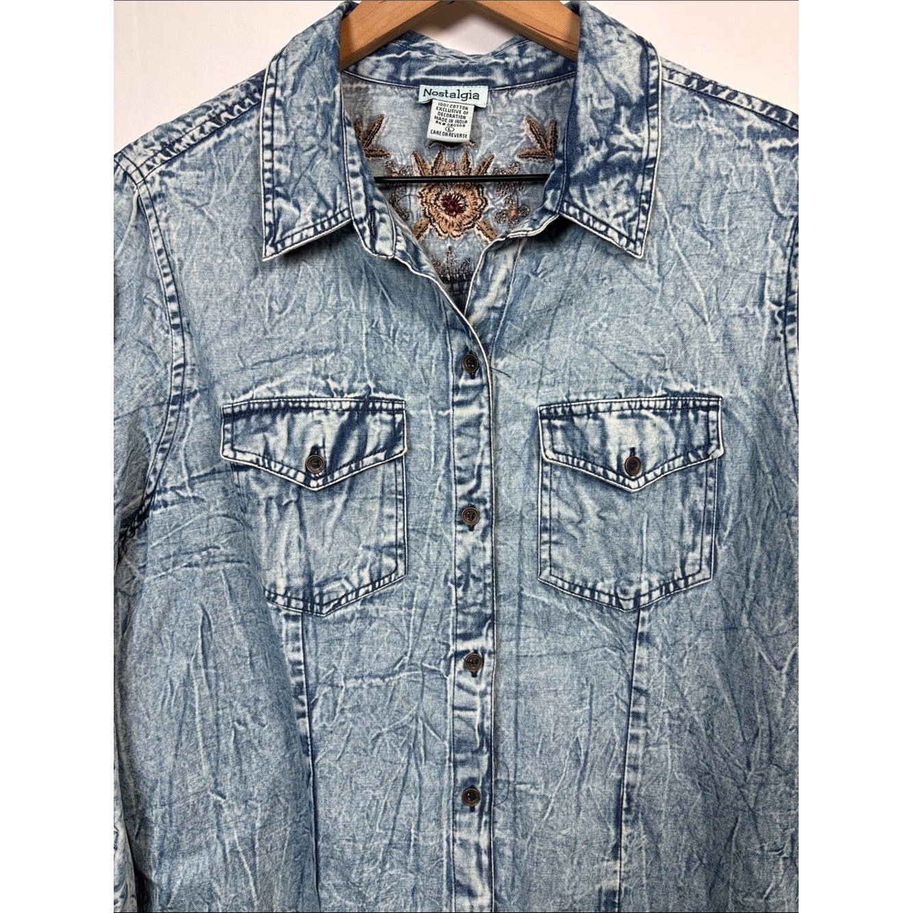 NOSTALGIA Button Up Cotton Denim Embroidered Long Sleeve Western Top size Large