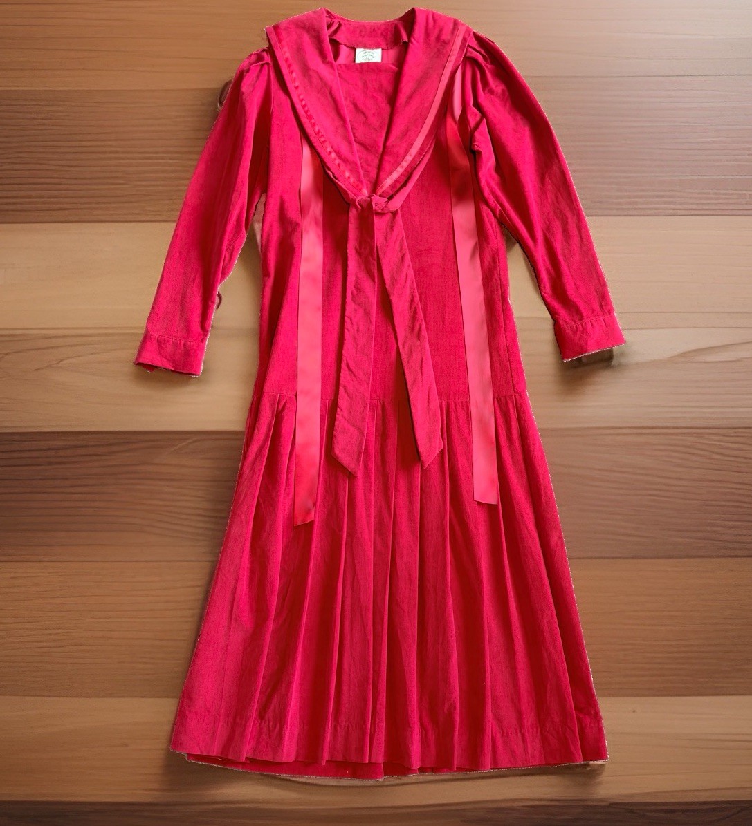 Vintage LAURA ASHLEY Dress Size 4 Red Corduroy Sailor Collar Drop Waist 80s