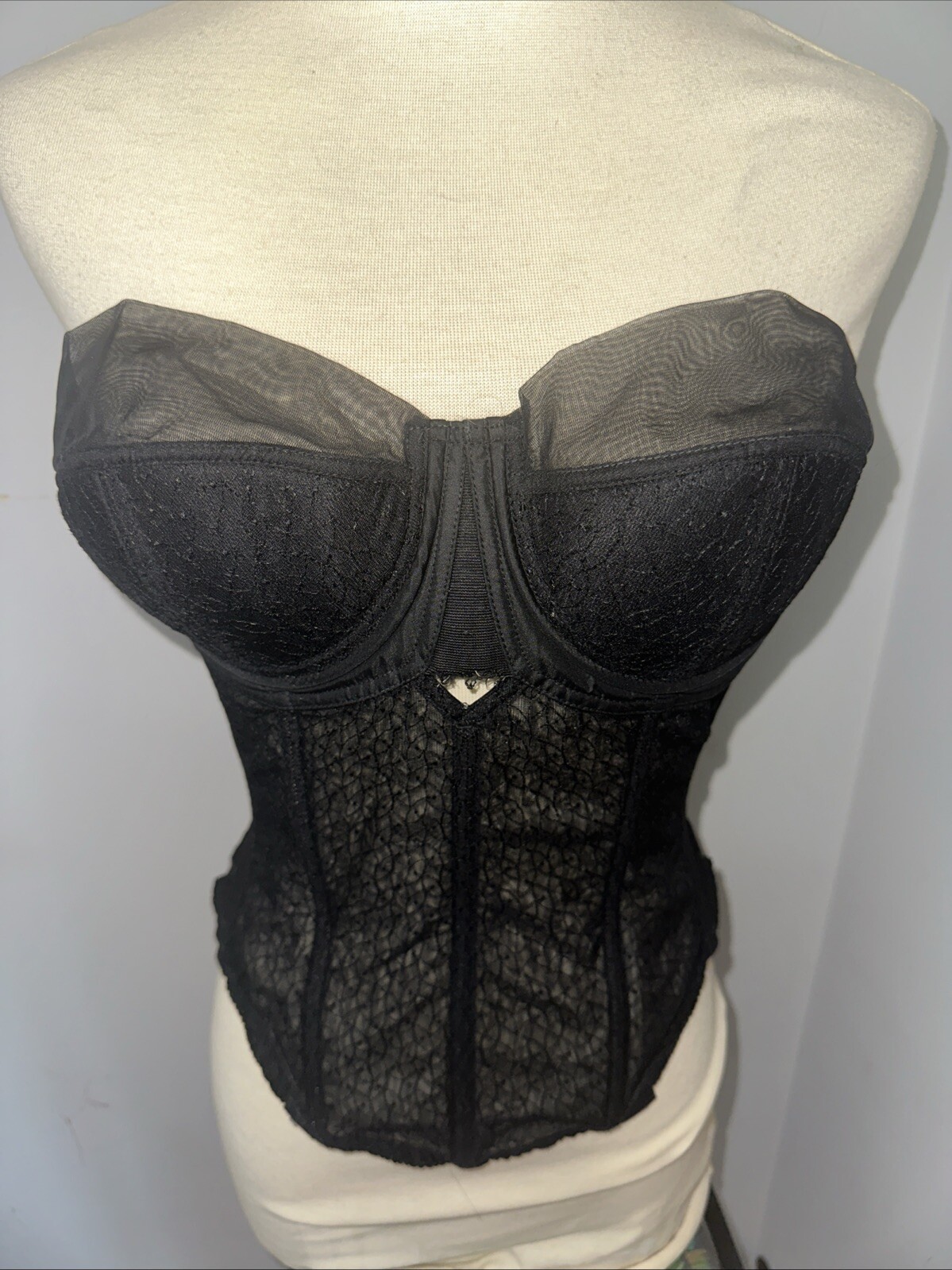 VTG 1950’s JET BLACK Lace BRA Bustier 34C MAIDENFORM Pre-lude Once over Vguc