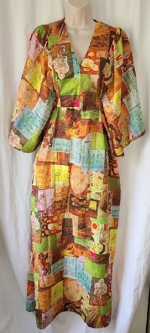 Vintage 70s Dress Hilo Hattie Hawaii Evelyn Margolis Kimono Caftan Maxi Sz 14