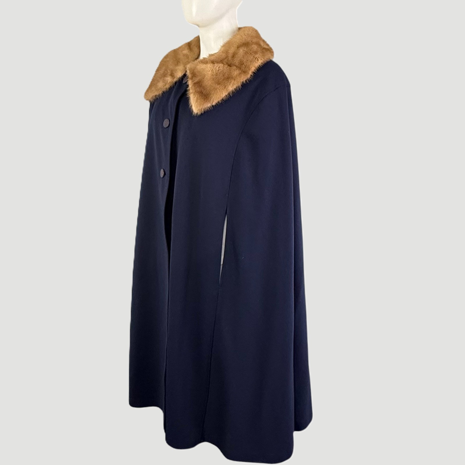 Vintage 1950s Opera Cape Cloak Navy Wool Fur Collar Swing Coat Satin Lined