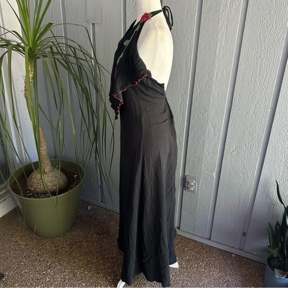Vintage Young Edwardian Arpeja Black Dress Halter Straps Maxi Rose Gypsy Boho