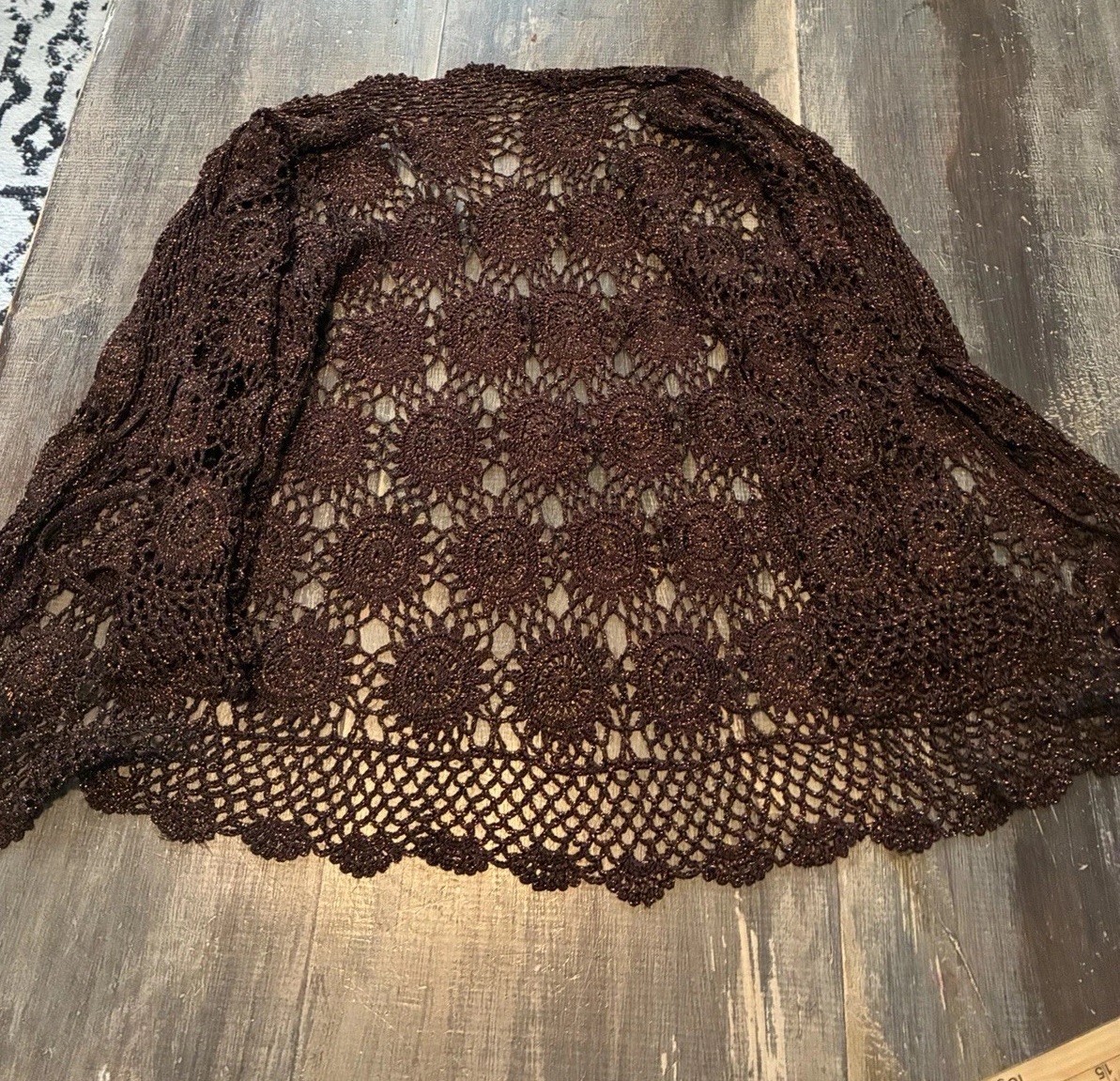 Women’s VTG Copper Brown Crocheted Cardigan Top Small Petite Boho Rodeo