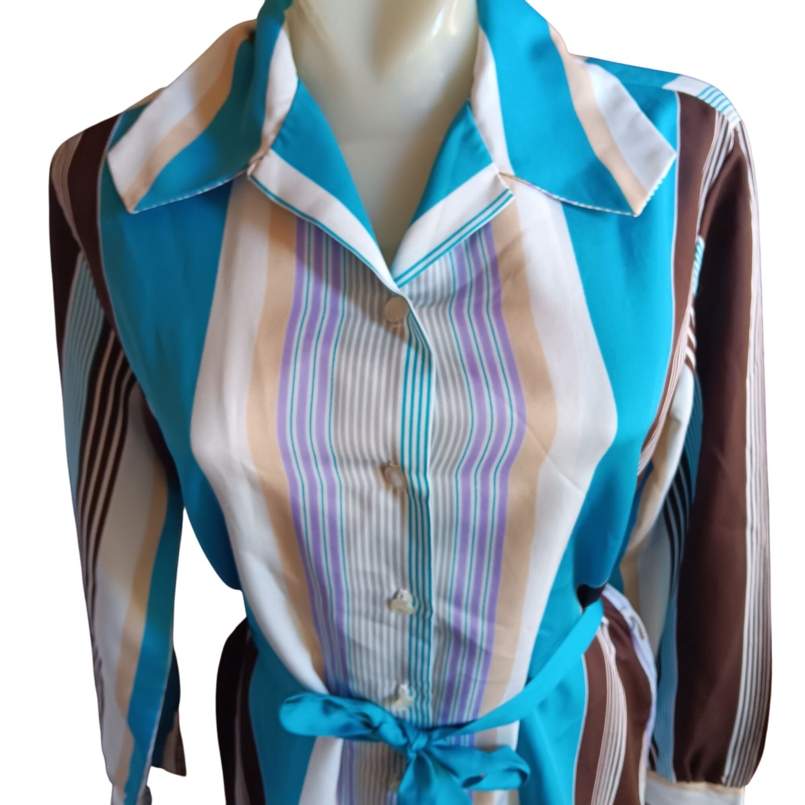 True Vintage Medium Belted Top 1970&rsquo;s Graff Polyester Blue Brown Striped Brady