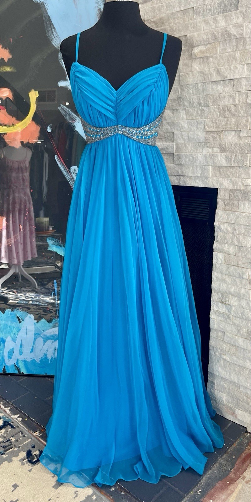 Vintage Ball Gown 1970s Mike Benet Blue Dress White Silver Beads Sequins Chiffon