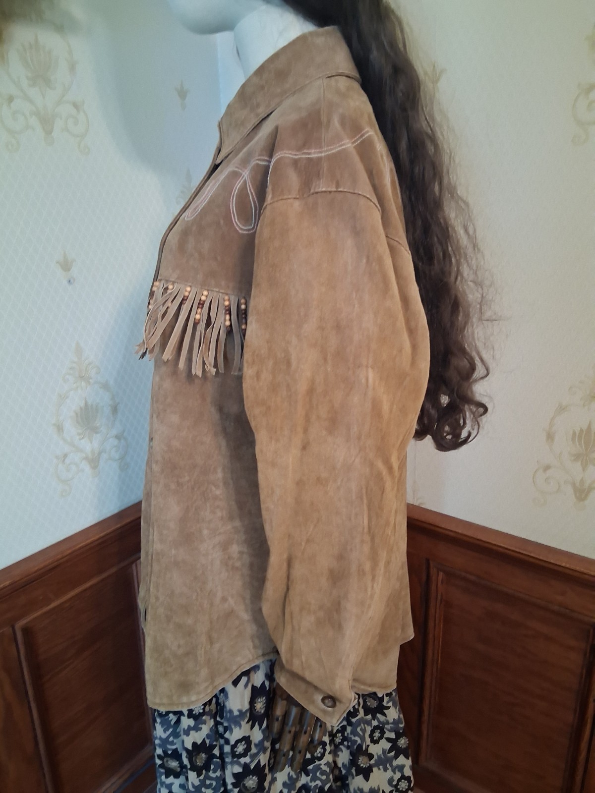 Vintage 1990s Comint Brown Suede Fringed Beaded Hippie Western Grunge Coat