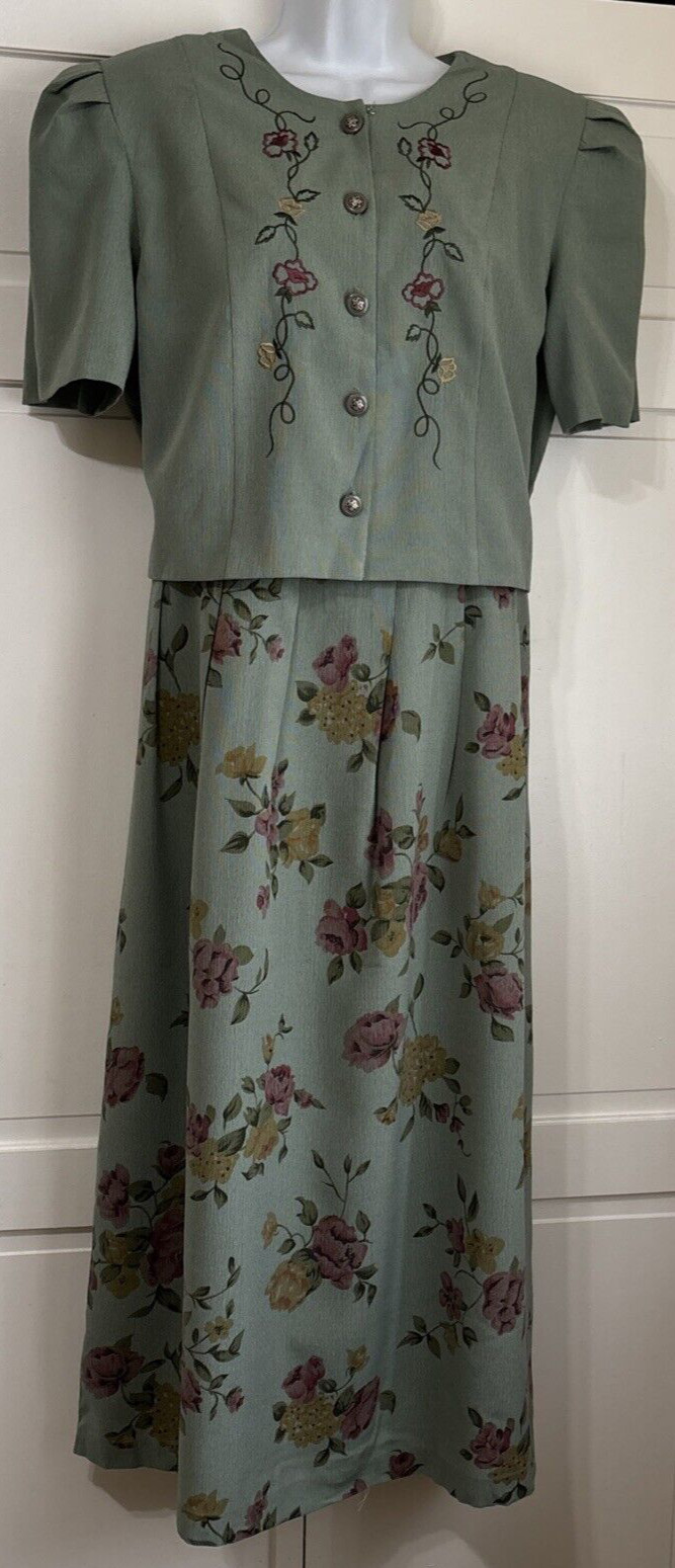 VINTAGE MISS DORBY GREEN EMBROIDERED MIDI DRESS WOMEN&rsquo;S SIZE 14 COTTAGECORE
