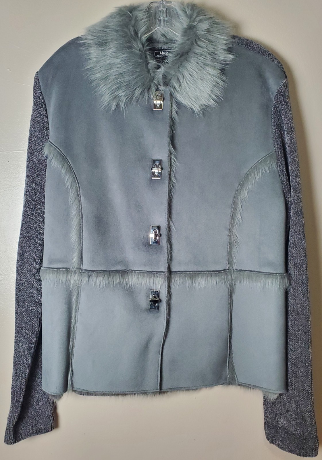 Vintage Lisa Gray Sweater Jacket Faux Fur Collar Silver Turn Lock Buttons Large