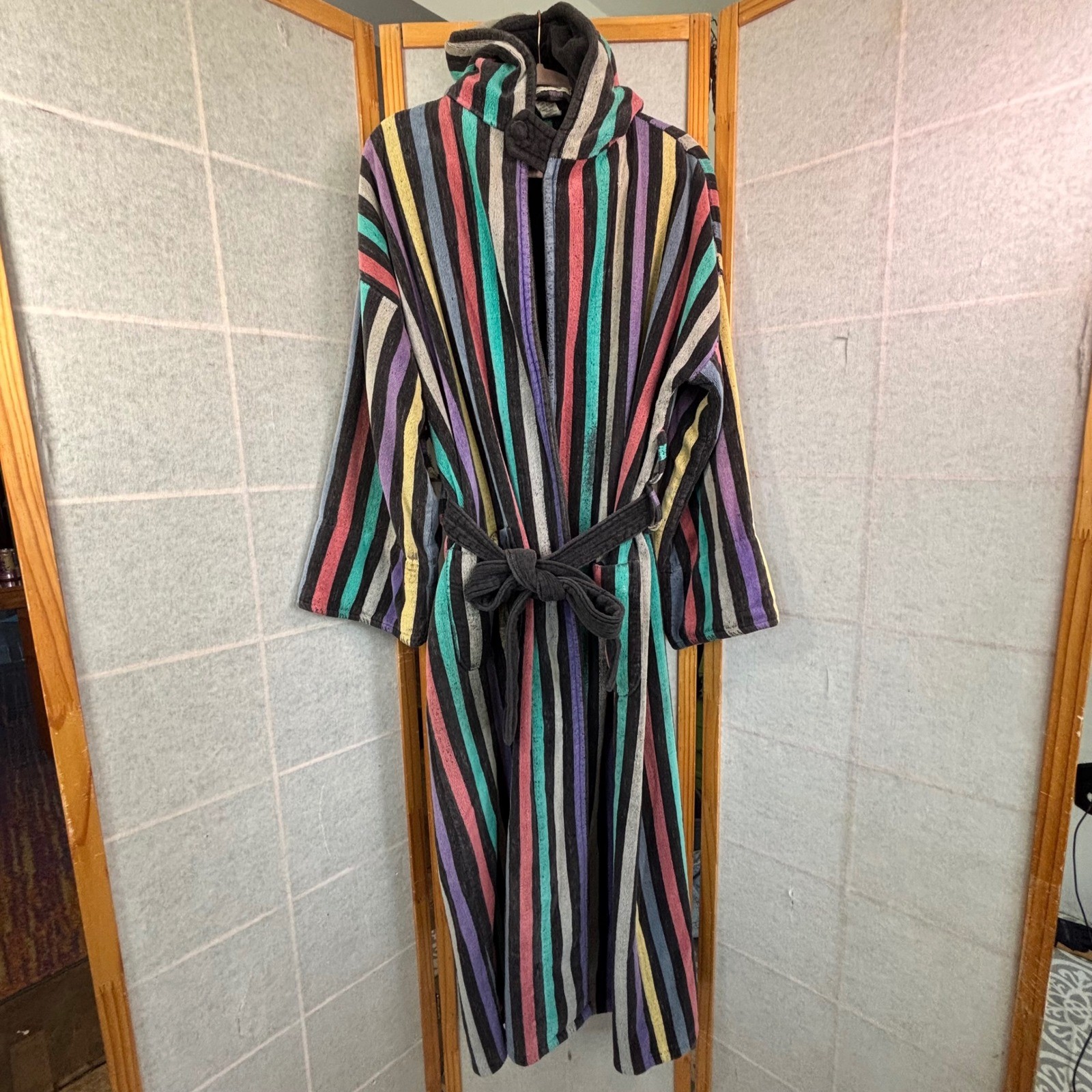 Bill Blass Hooded Robe OS Multi-Color Striped Cotton Terry Cloth Vintage Brazil