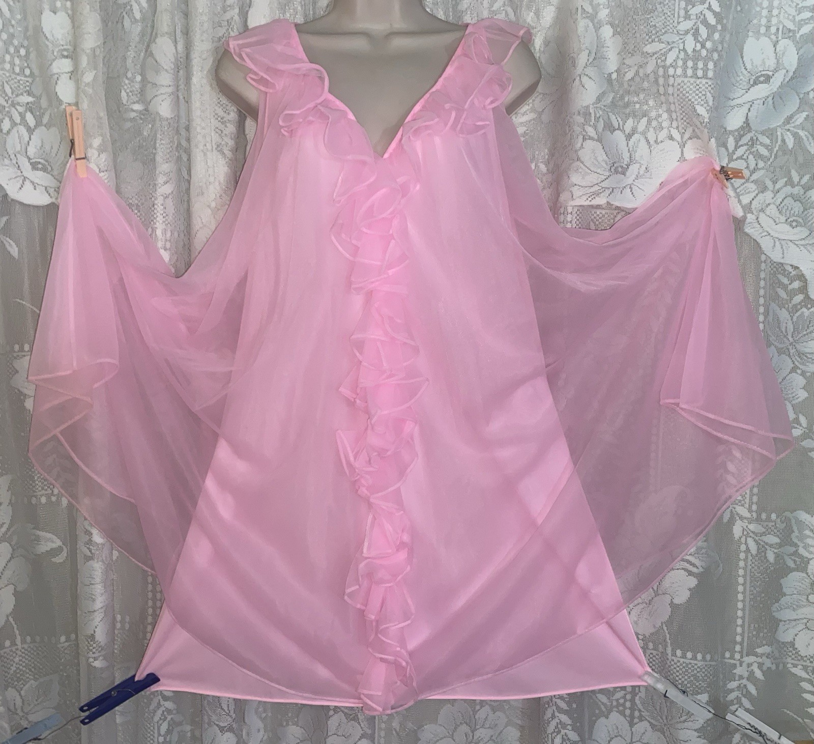 VTG M L PINK DB Lyr Sheer Chiffon Ovr Nylon BABYDOLL Nightie nightgown w RUFFLES