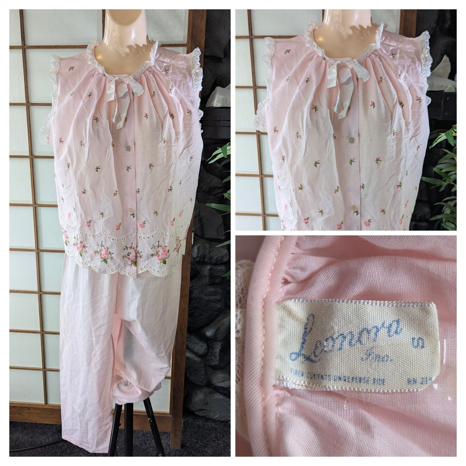 Vintage Leonora Pink 2pc Pajamas PJs 1960s Sz Small Babydoll Embroidered Roses