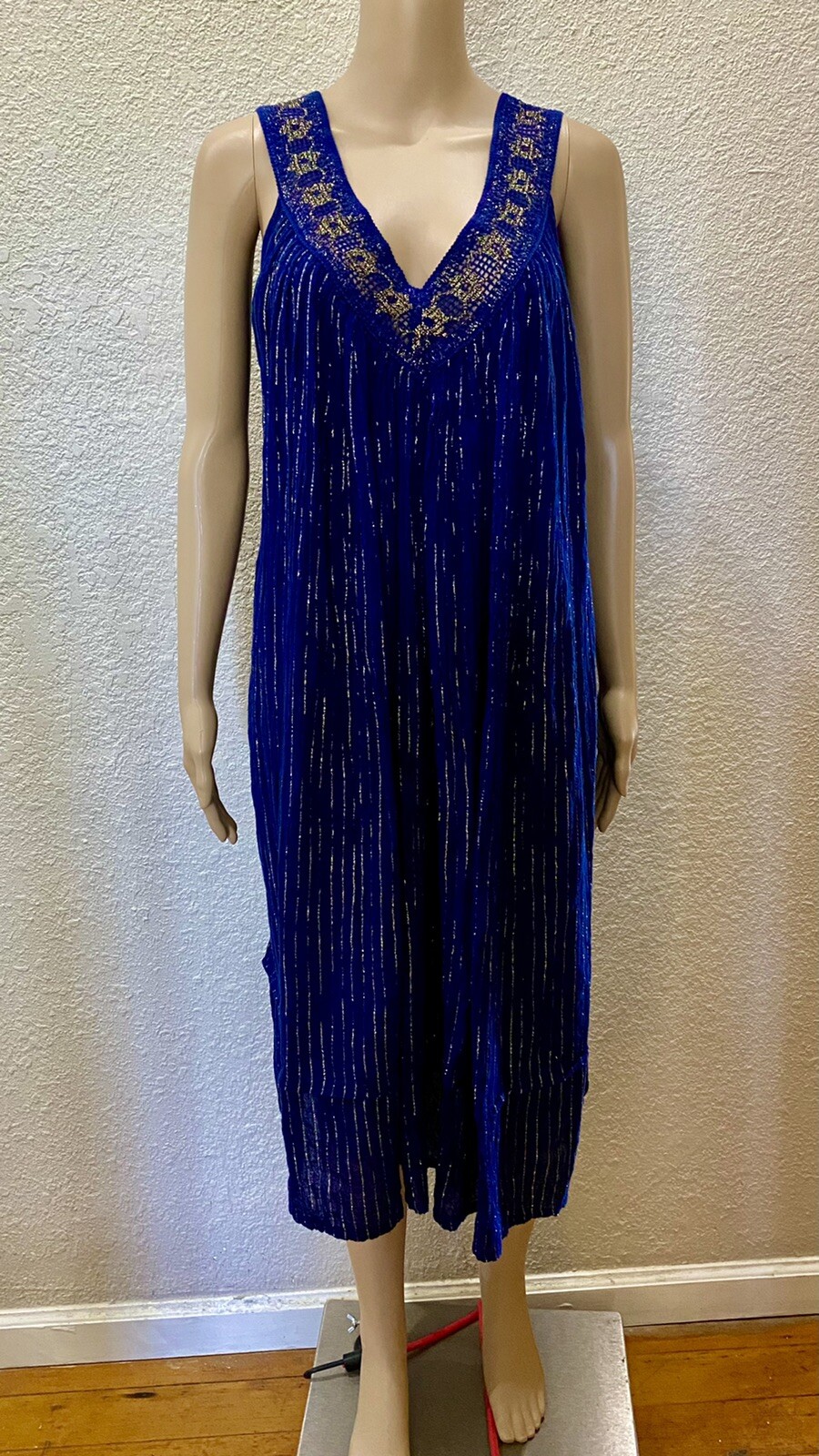 70s Boho Indigo Blue Sheer Cotton Gauze Gold Metallic Crochet Lace Sundress OS