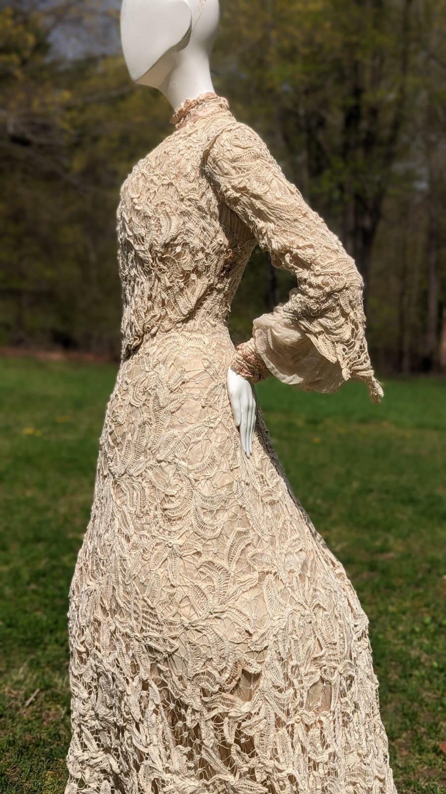 VICTORIAN HAND MADE BATTENBURG LACE DRESS W BELL SLEEVES + TRAIN