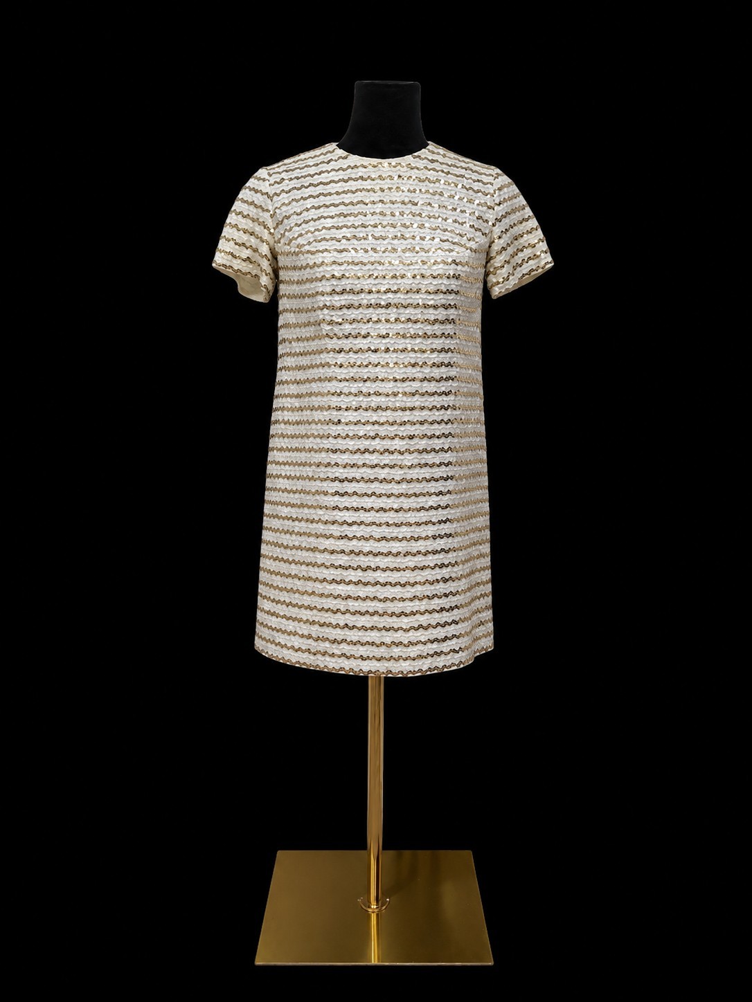 VTG Jr Theme Ivory Gold Sequin Shift Dress Mod Cocktail Party Mini Sz