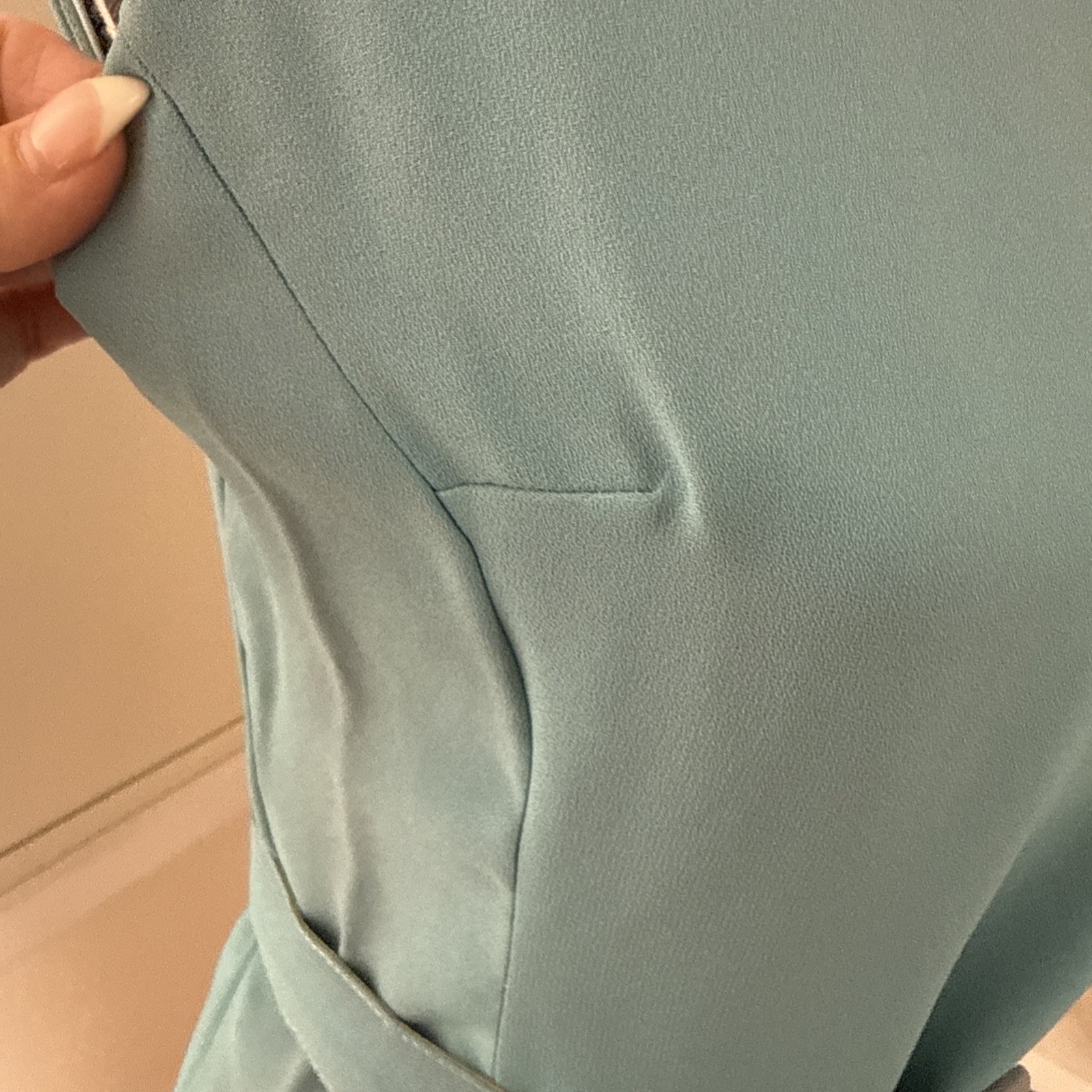 1960’s Vintage Blue Solid Dress Belted Pockets 35x30x37 Nice Condition Stretch