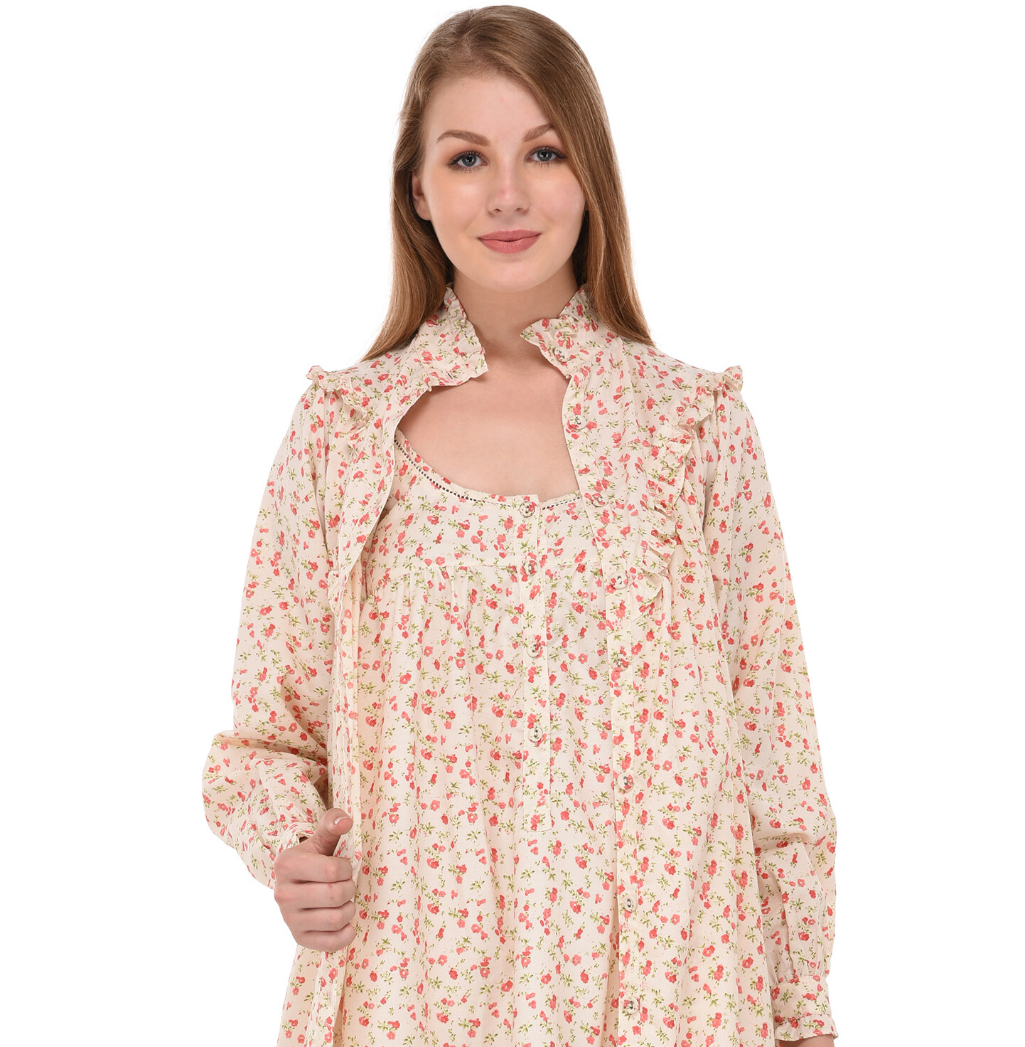 Wrinkle-Resistant Printed Nightdress/Housecoat Set | Cotton Lane