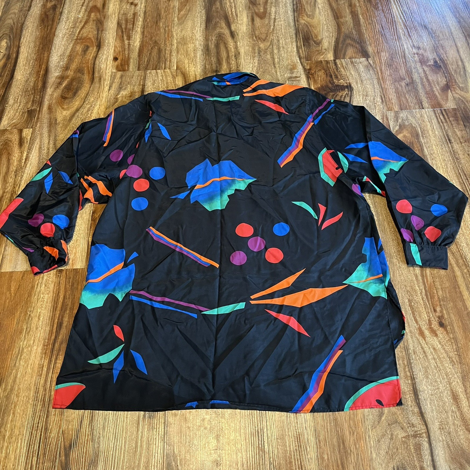 🔥VTG Shapely Button Front Long Sleeve Shirt Black Multicolor Abstract SZ L 🔥