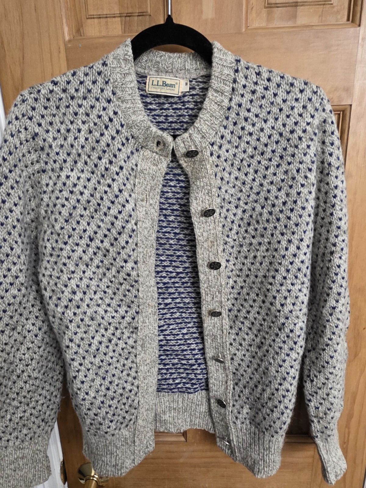 Vintage LL Bean USA Wool Birdseye Shawl Collar Cardigan Sweater M Gray Blue