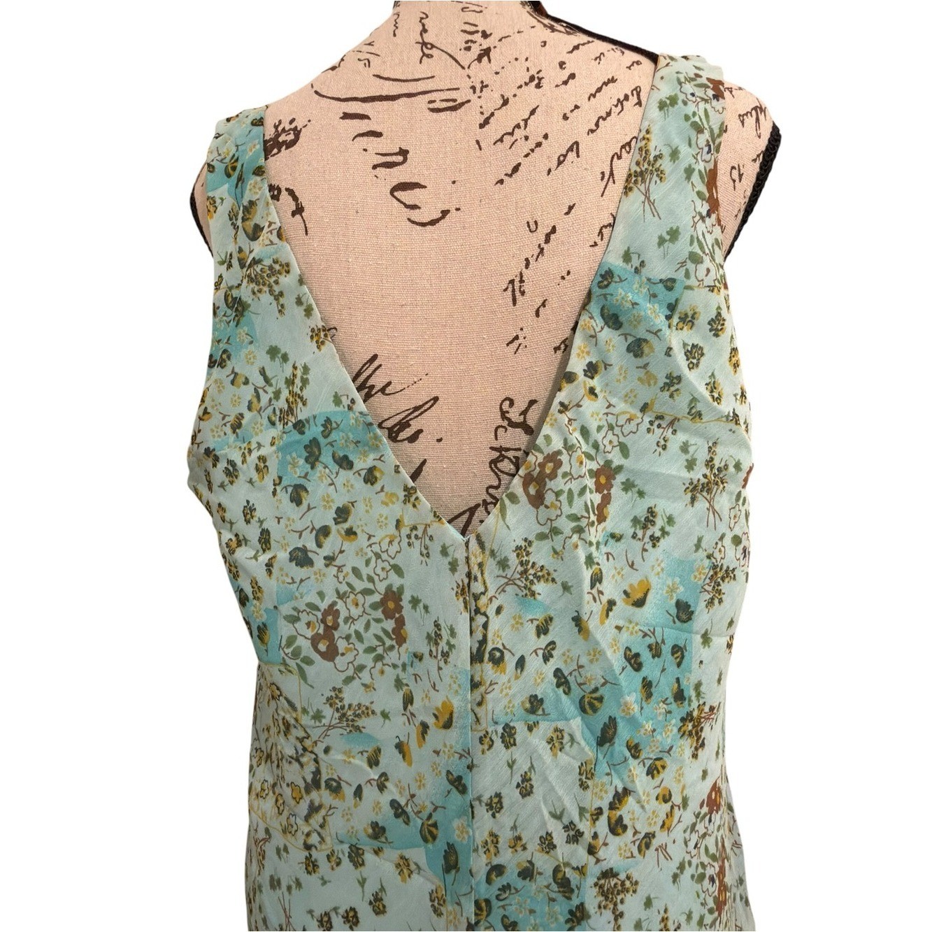 Vtg boho fairy Floral blue green pleated waist Midi Double Ruffle dress