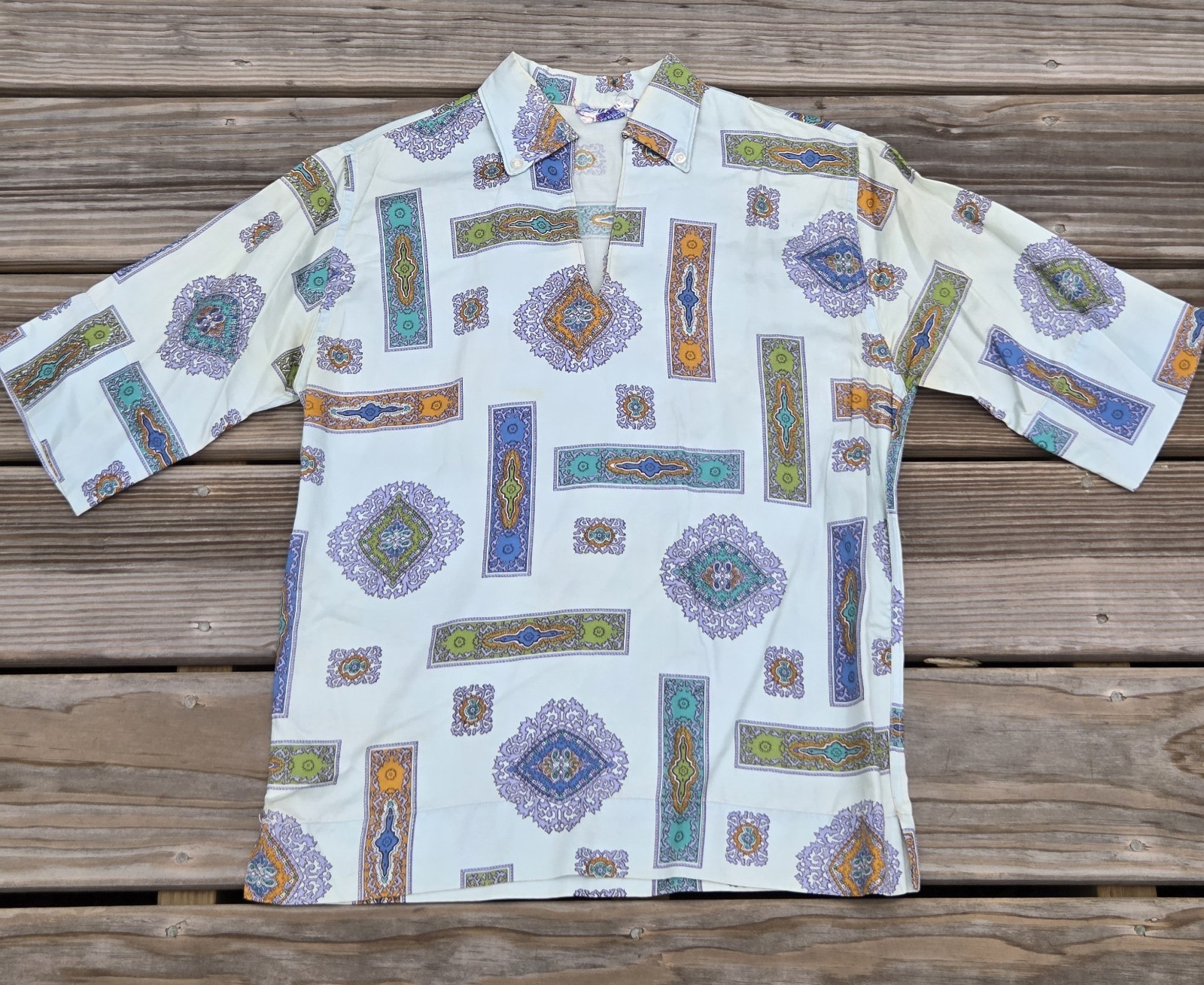 👀Vintage Mod Paisley Print Blouse Womens 60s 70s Geometric Tunic Top Retro👀