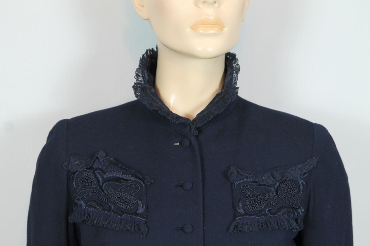 RARE Vtg 40s HATTIE CARNEGIE Navy 2pc Suit Blazer Jacket Pencil Skirt w/ Lace S
