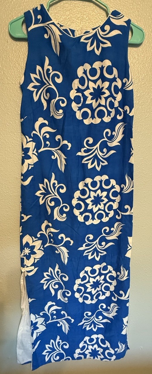 Vtg DIAMOND HEAD WAIKIKI Bold Blue/White Floral Maxi Lined HAWAIIAN DRESS XSmall