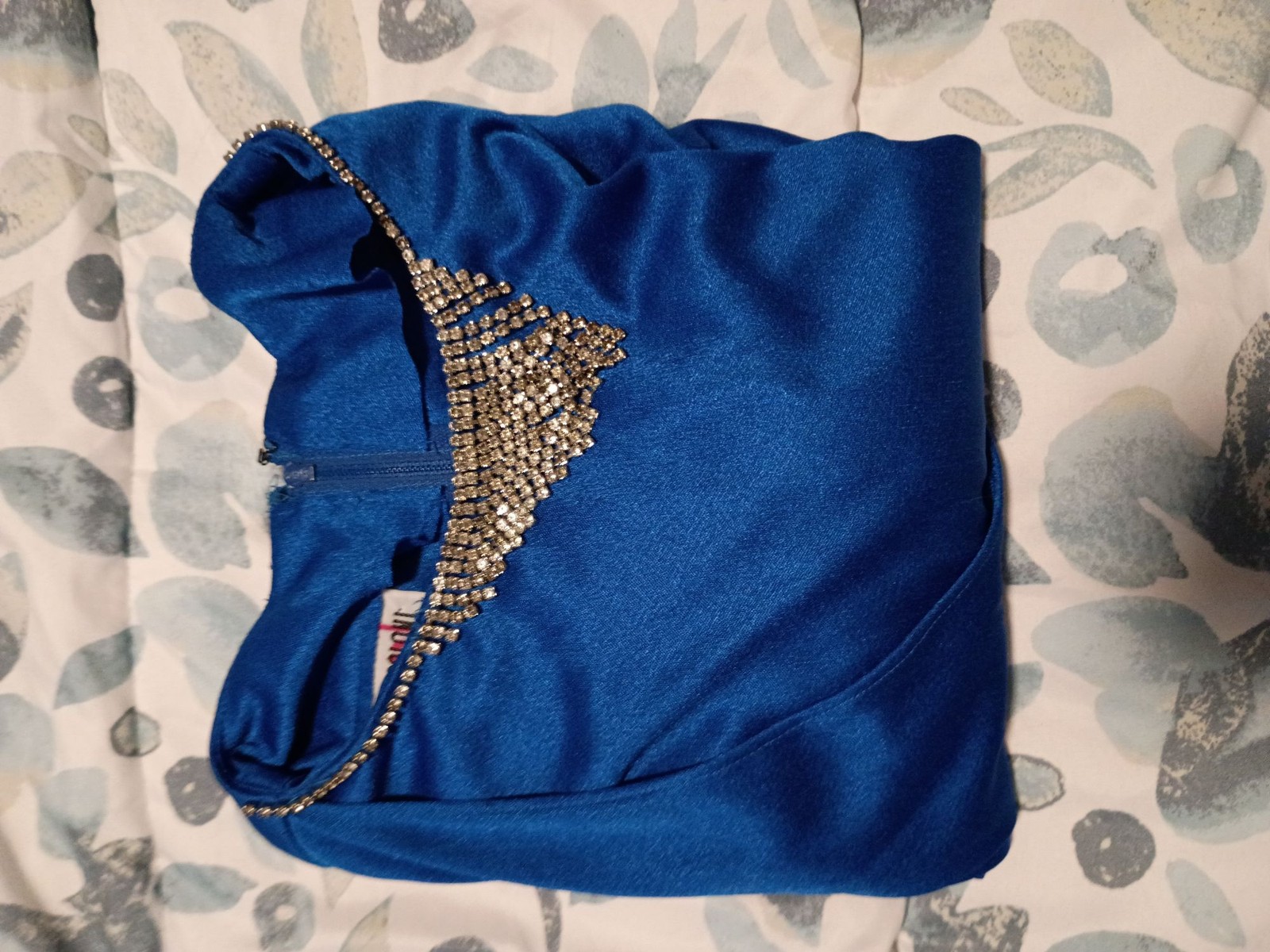 Nancy Bracoloni for Vijack Blue Ruched Dress Rhinestone Long Sleeve