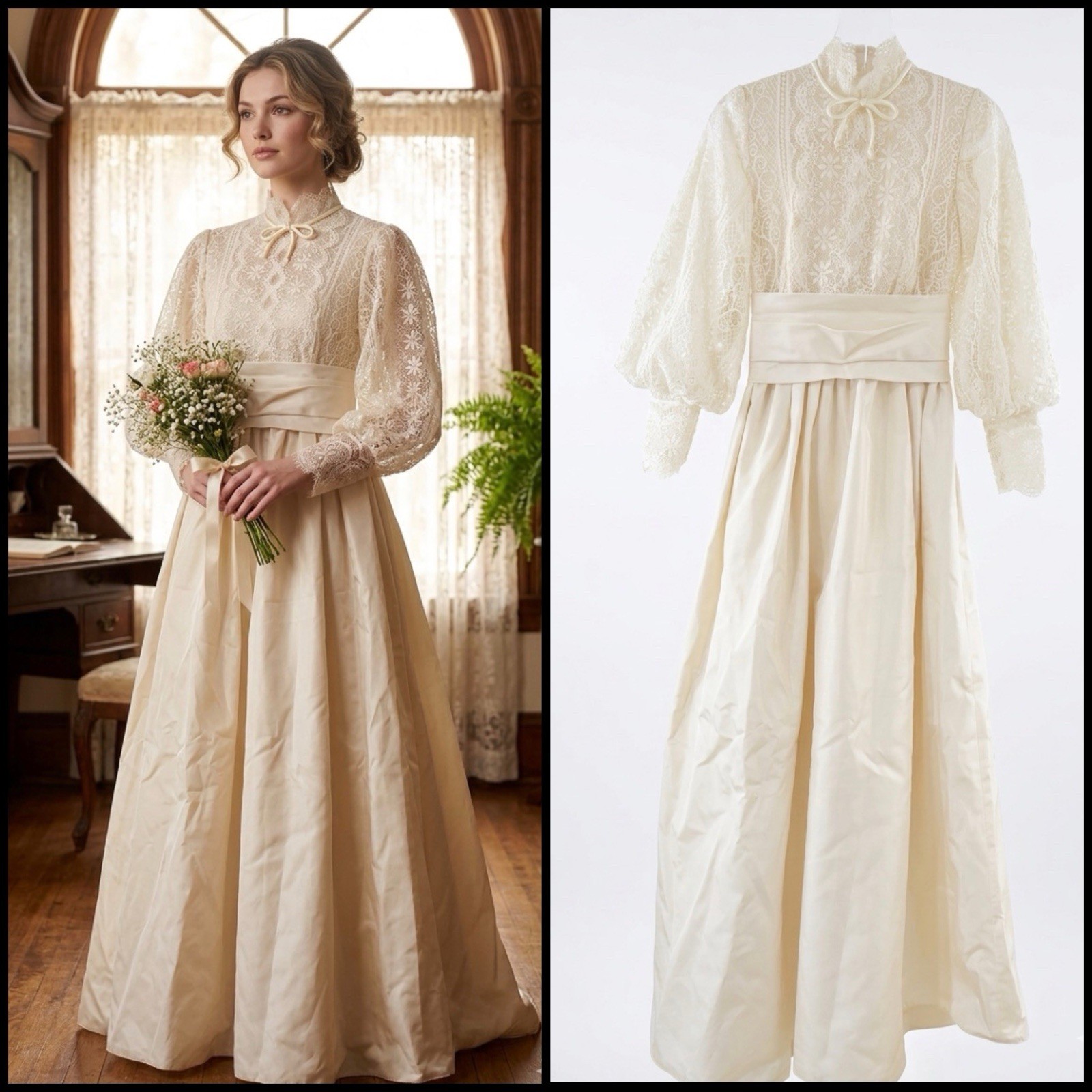 Vintage 1970 House Of Bianchi Victorian Edwardian Wedding Cream Lace Dress XS