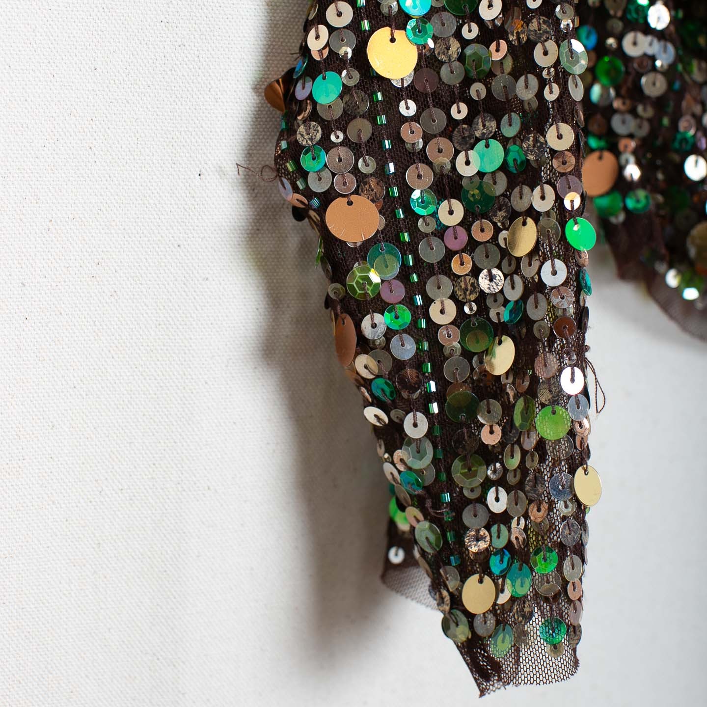 Vintage Sequin Crop Top Brown Mesh Green Silver Gold Scoop Neck Long Sleeve S/M