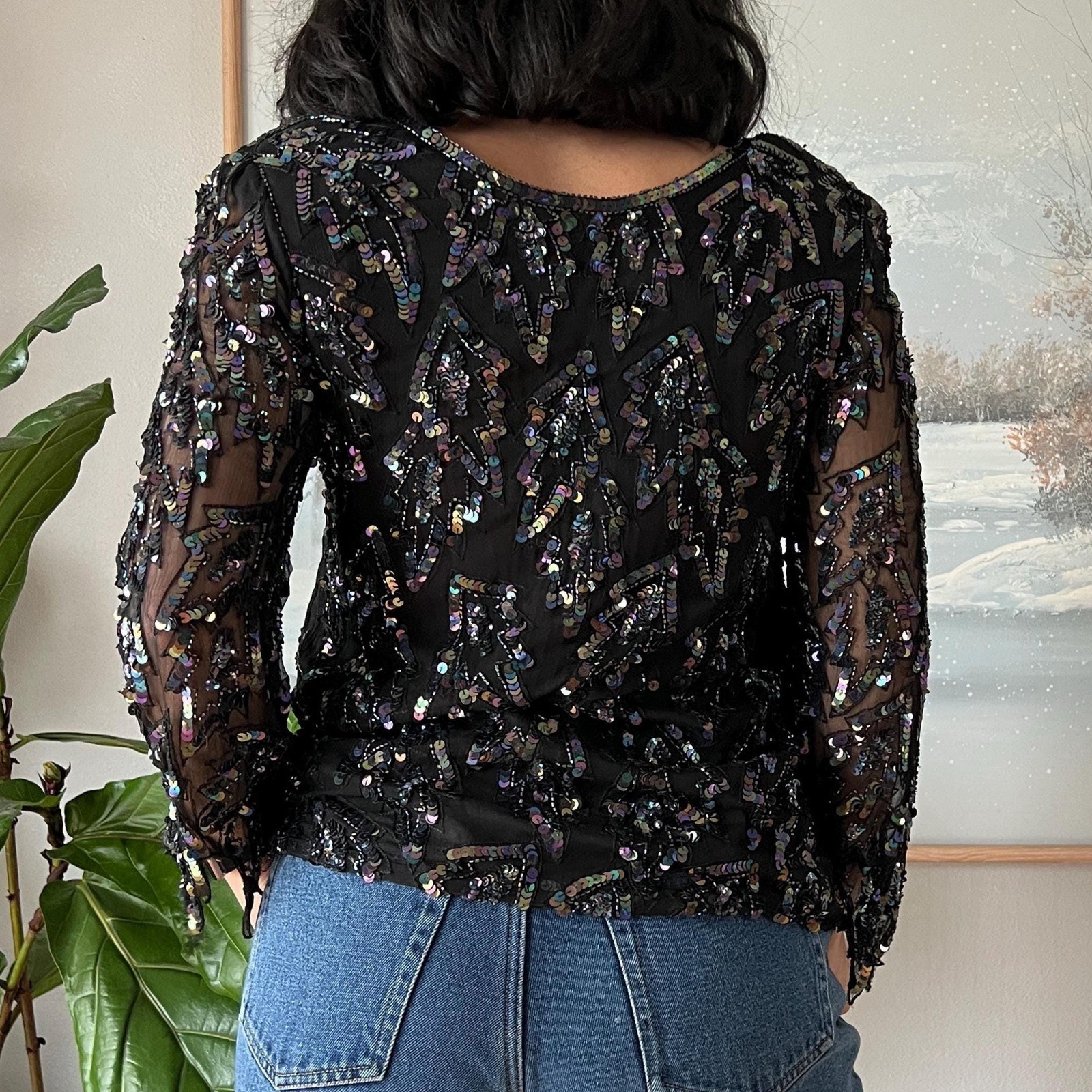 Vintage Silk Sequin Blouse Black Sheer Party Top 90s Y2K Glam Evening