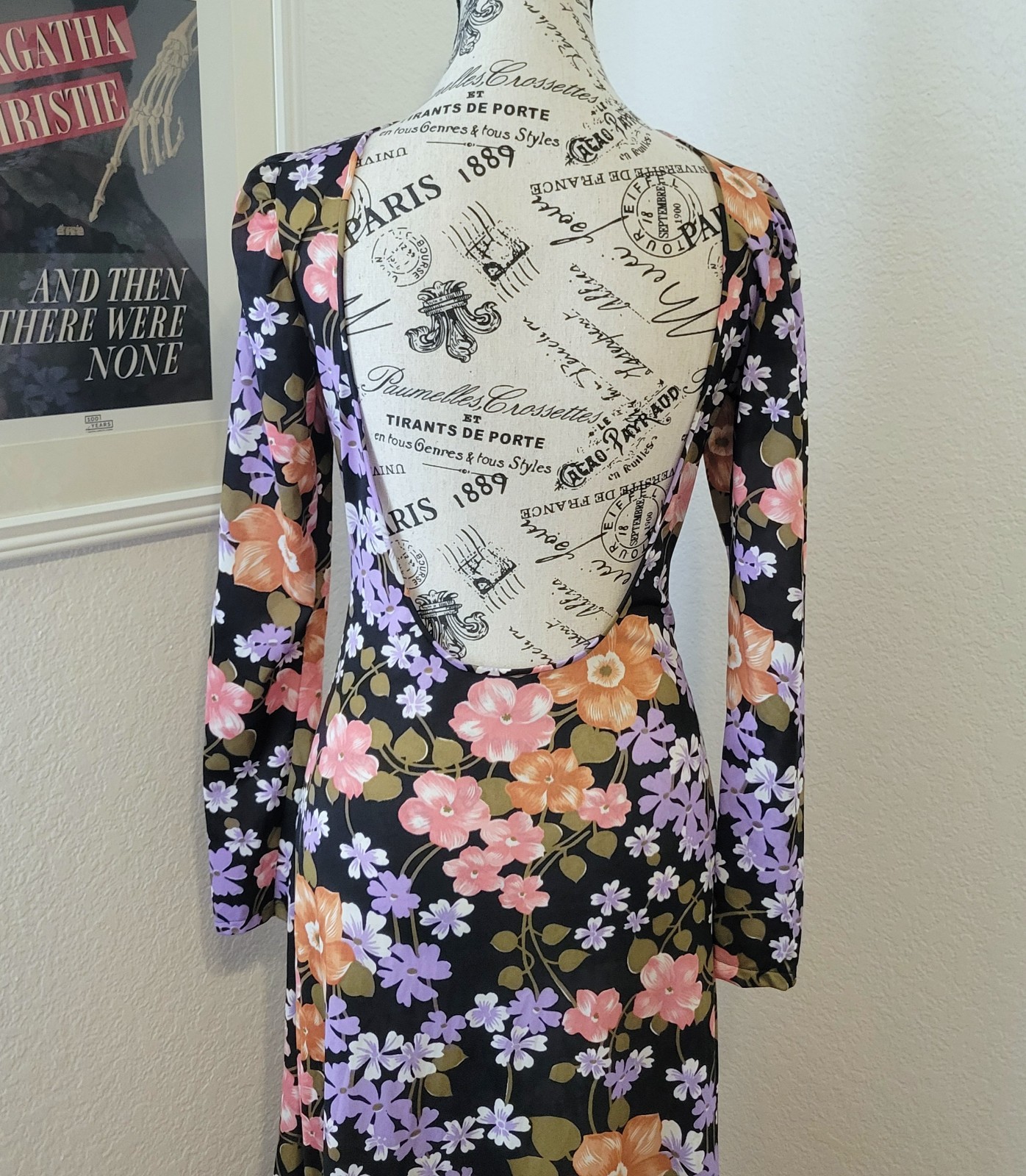 Vintage 70s 100% Antron Nylon Black Floral Maxi Dress Plunge Back Slinky Small