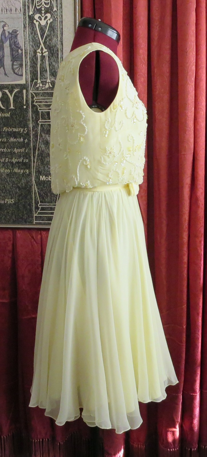 1960s Butter Yellow Beaded Floaty Chiffon Cocktail Party Dress I. Magnin XS