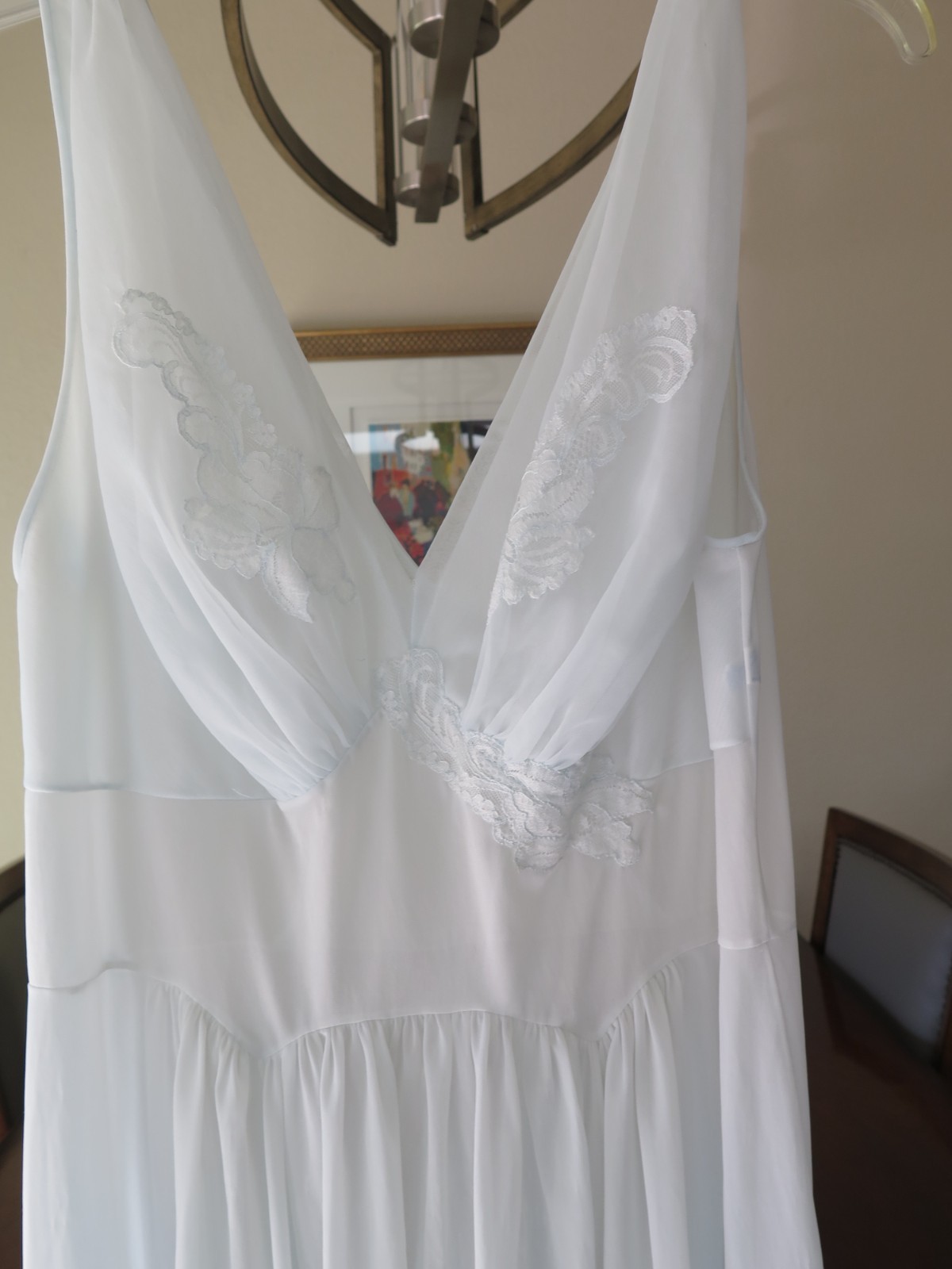 VTG Vanity Fair Sheer Chiffon Negligee Nightgown Blue Lace Bust Sz 36 Tricot