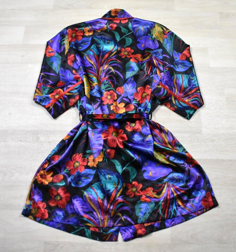 80s Lingerie Cacique Polyester Satin Robe Tropical Floral Satin Small VTG