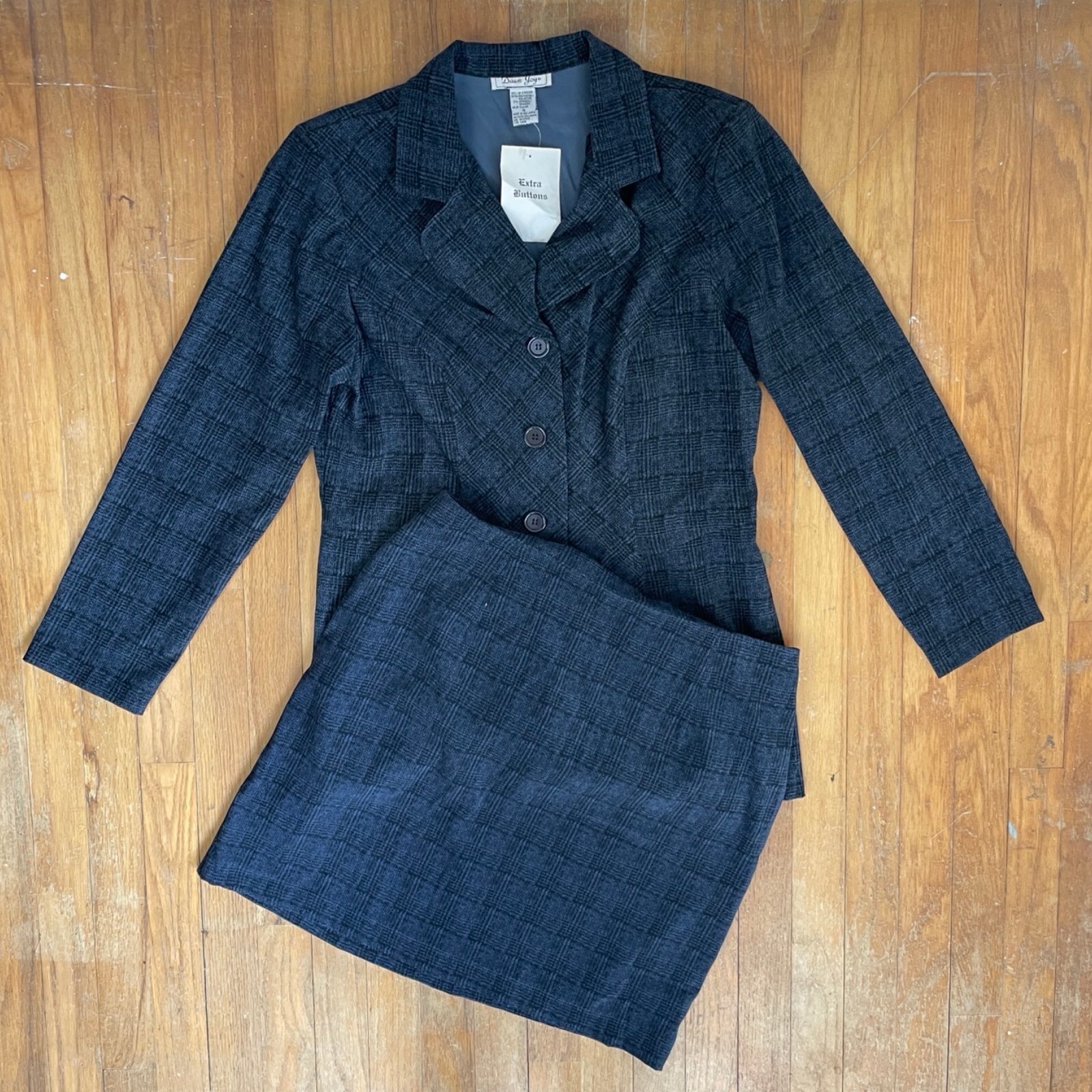 Vintage Plaid Suit Womens Size Large 1990s Blue/Black Microfiber Blazer & Skirt