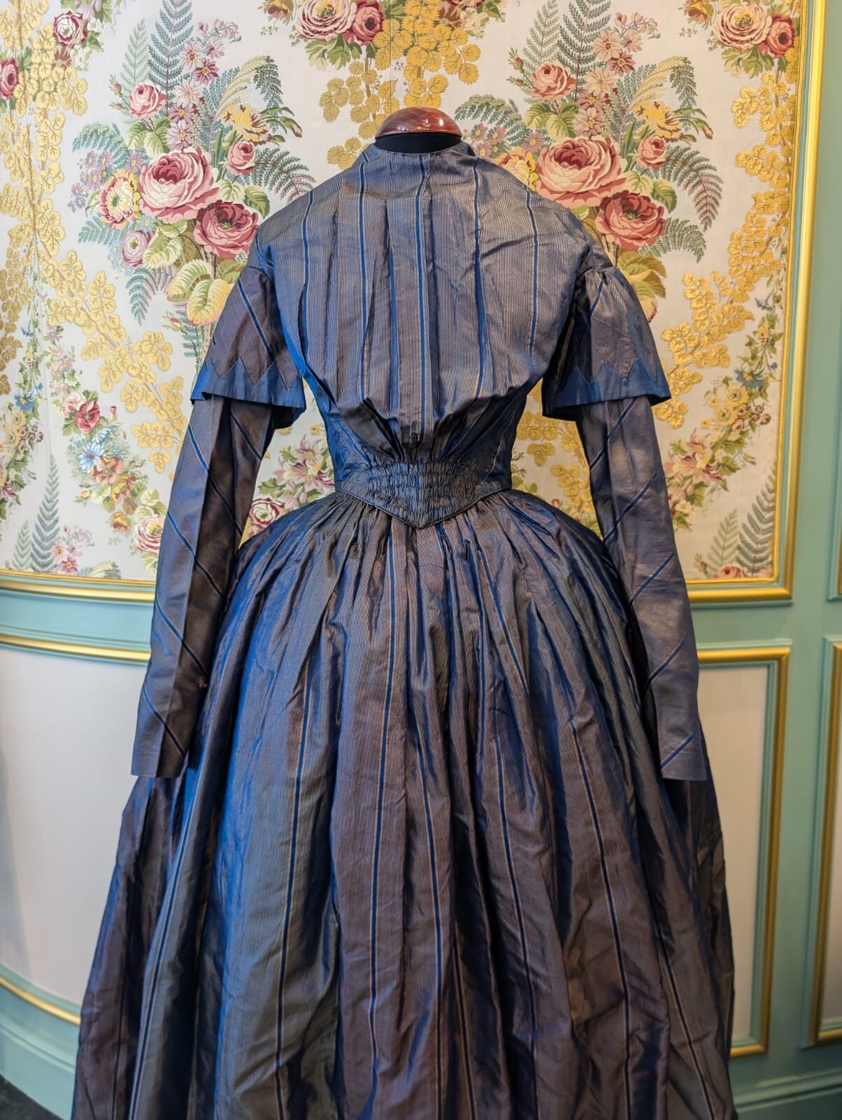 HAND SEWN 1840’S PINSTRIPED SILK TAFFETA TWO PIECE DRESS FROM OHIO ESTATE