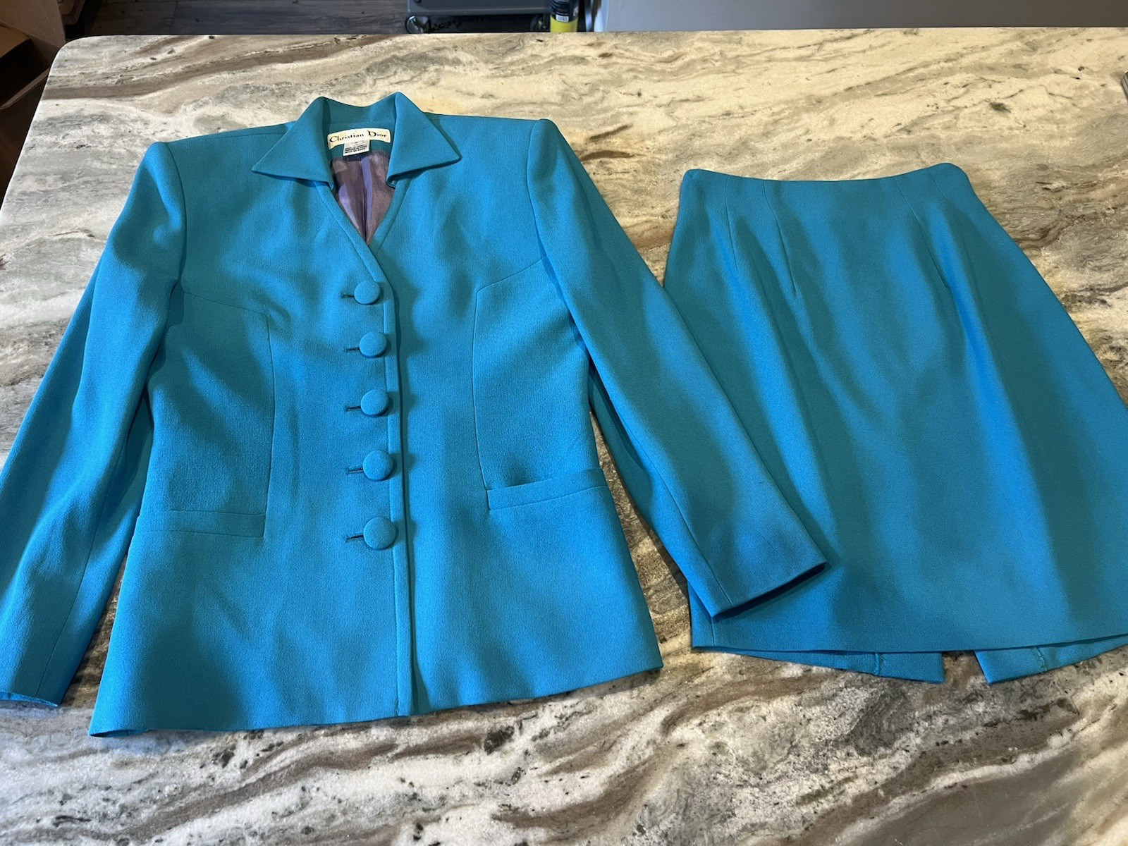 VTG Christian Dior Size 2 1980s 2Pc Turquoise Blue Skirt Suit Set