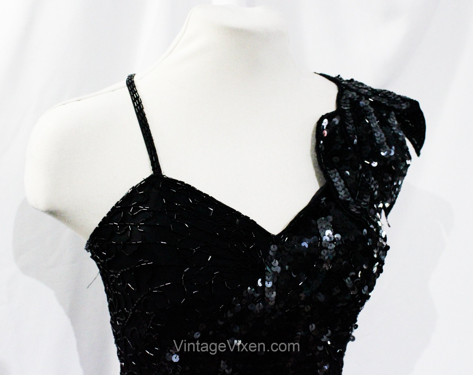 Sexy Black Party Dress – Small Glam Disco 80s Beads & Sequins Size 4 Asymmetric