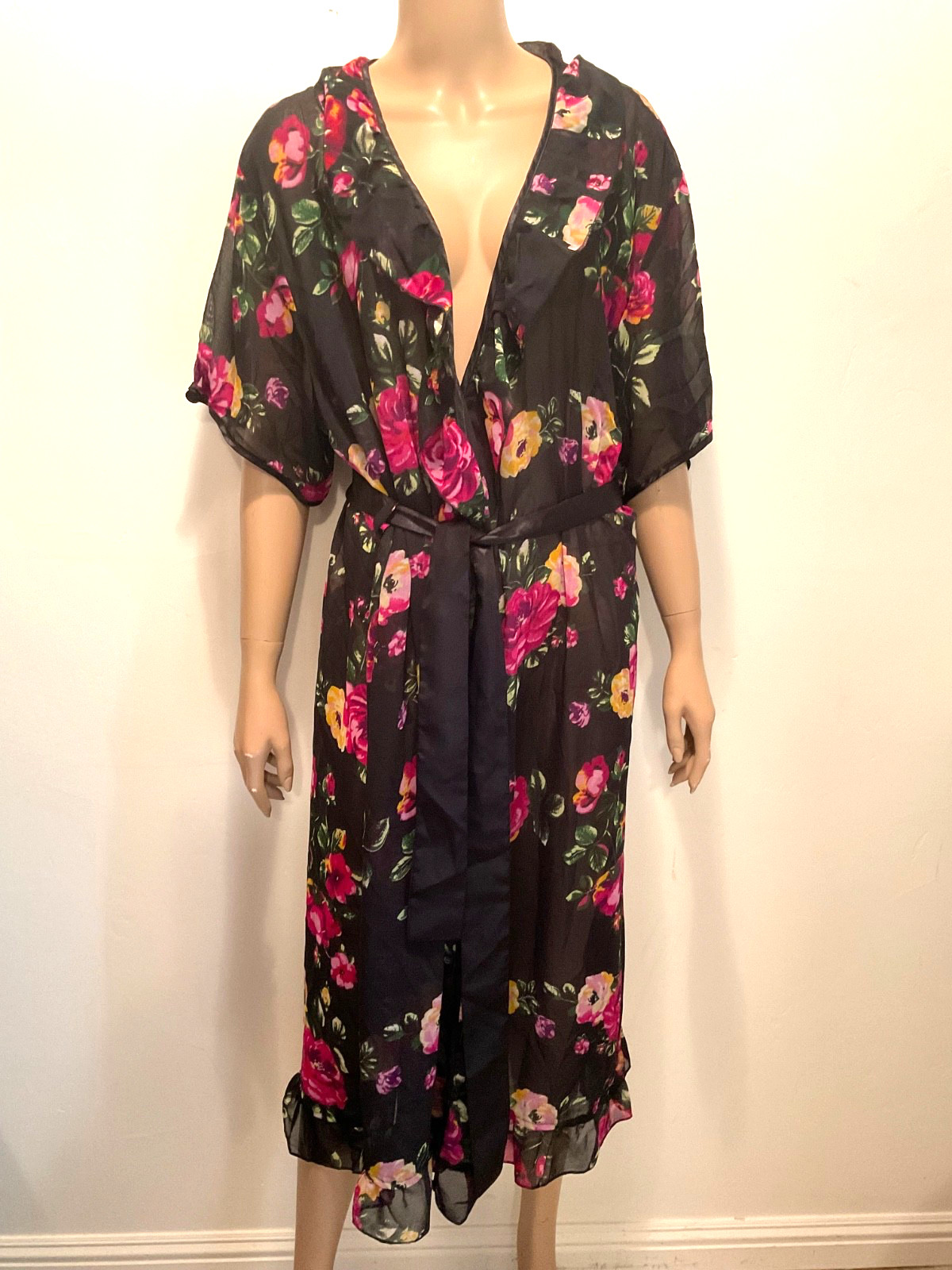 Vintage Ruffled Hem Long Maxi Sheer Floral Robe Size 2X