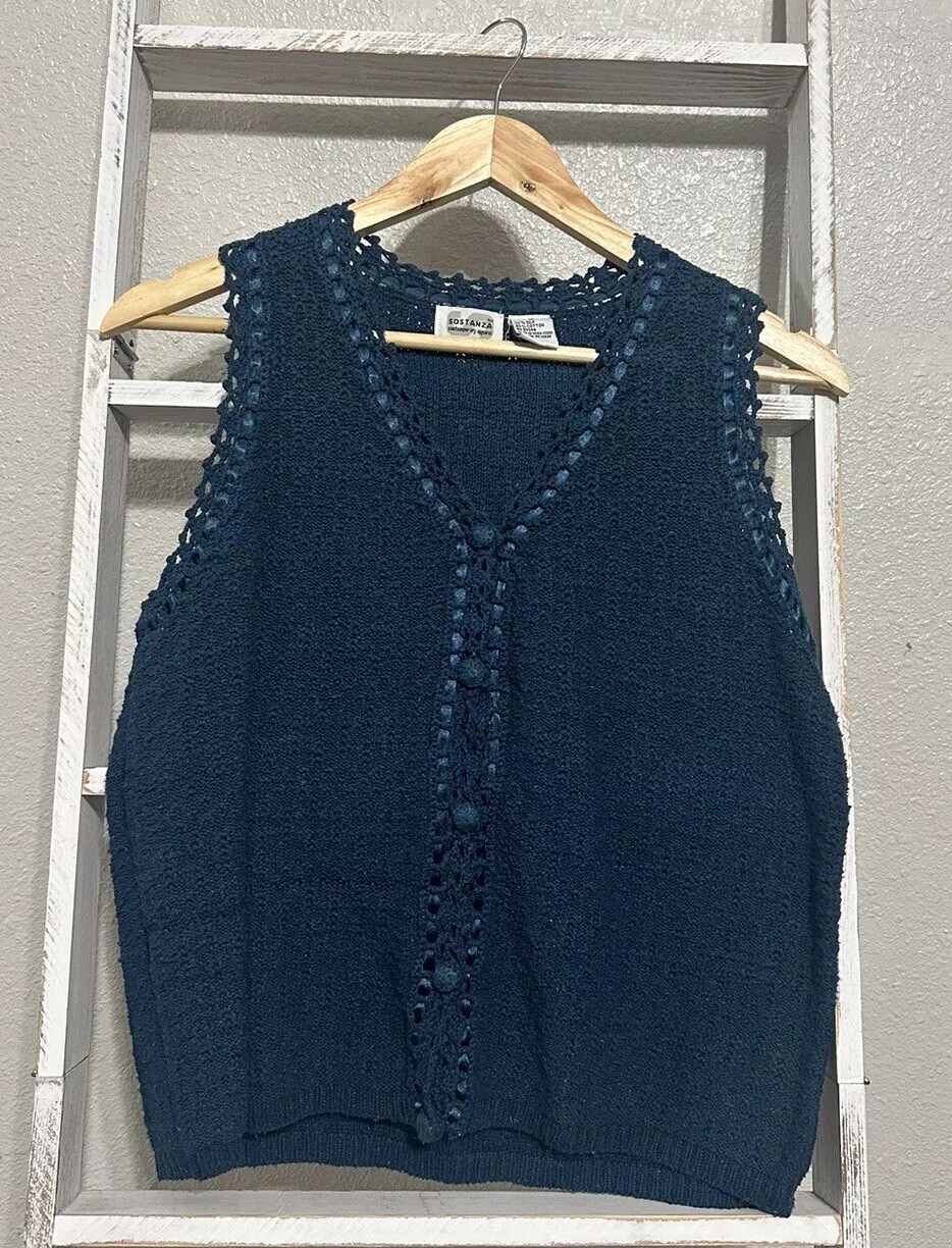 Vintage Sz Medium Sostanza Blue Silk Cotton Knit Vest Ribbon Trim Boho Festival