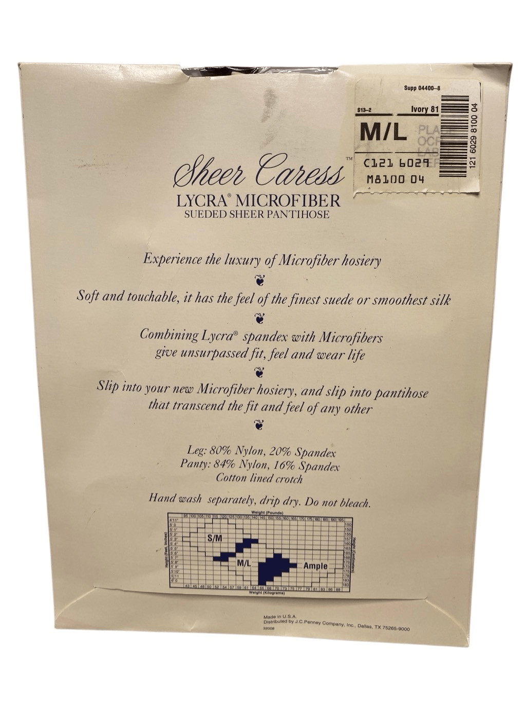 Sheer Caress Lycra Microfiber Pantyhose Ivory Med Large Sueded Sheer Control Top