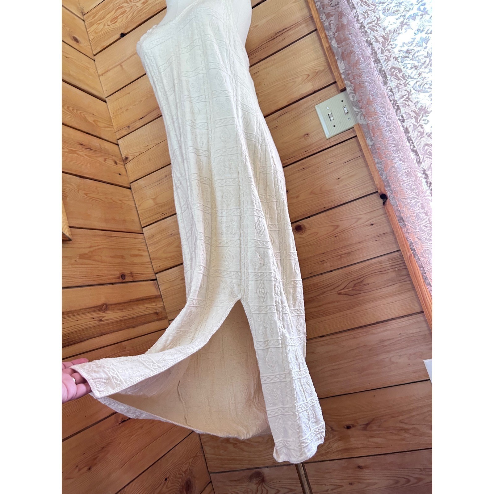 Vintage 100% Cotton Knit Maxi Dress Women Large Cream Crochet La Llama Canada