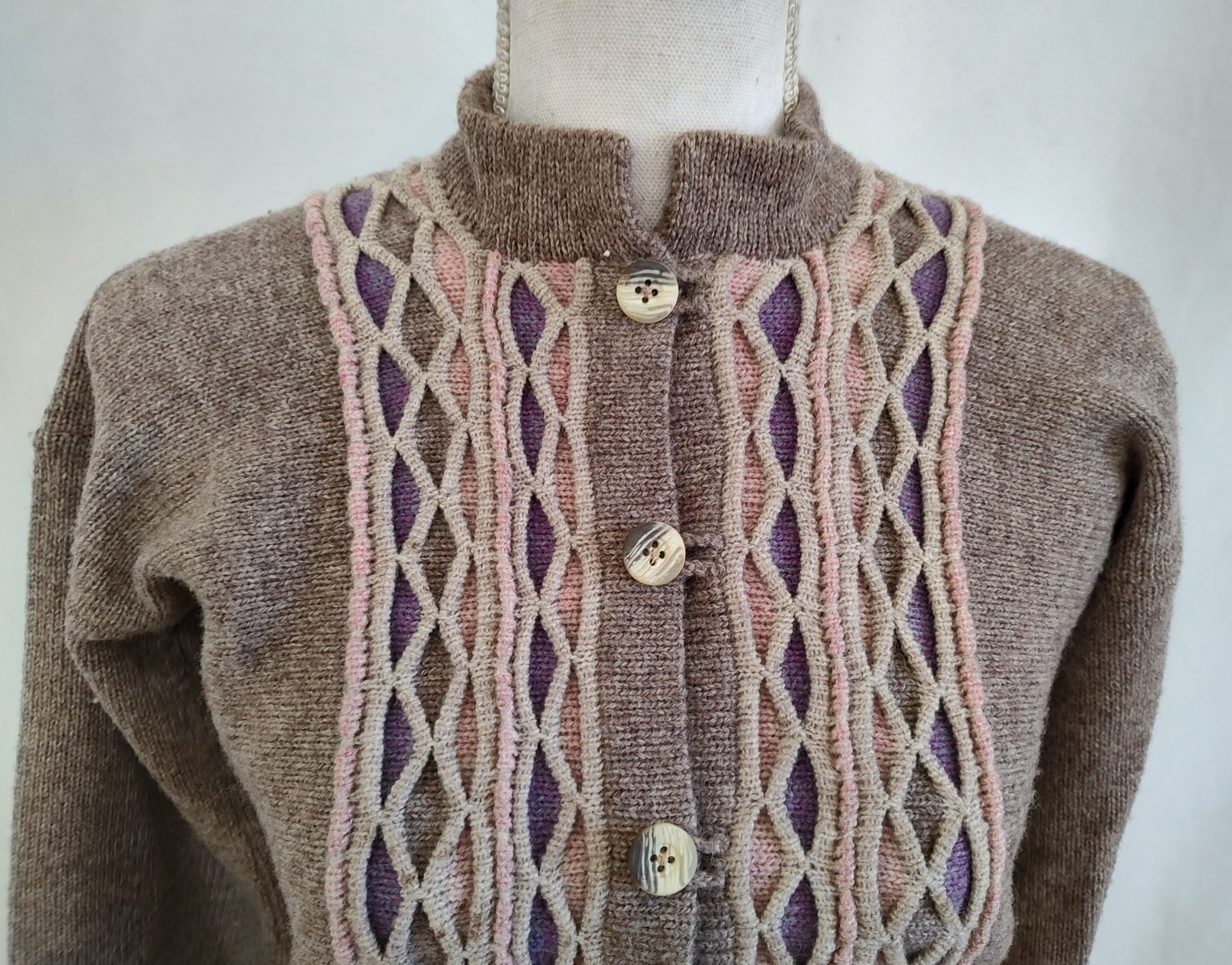 Vintage 60&rsquo;s Angie Dix Sweater Cardigan 100% New Wool Fancy Knit Rose Gray Small