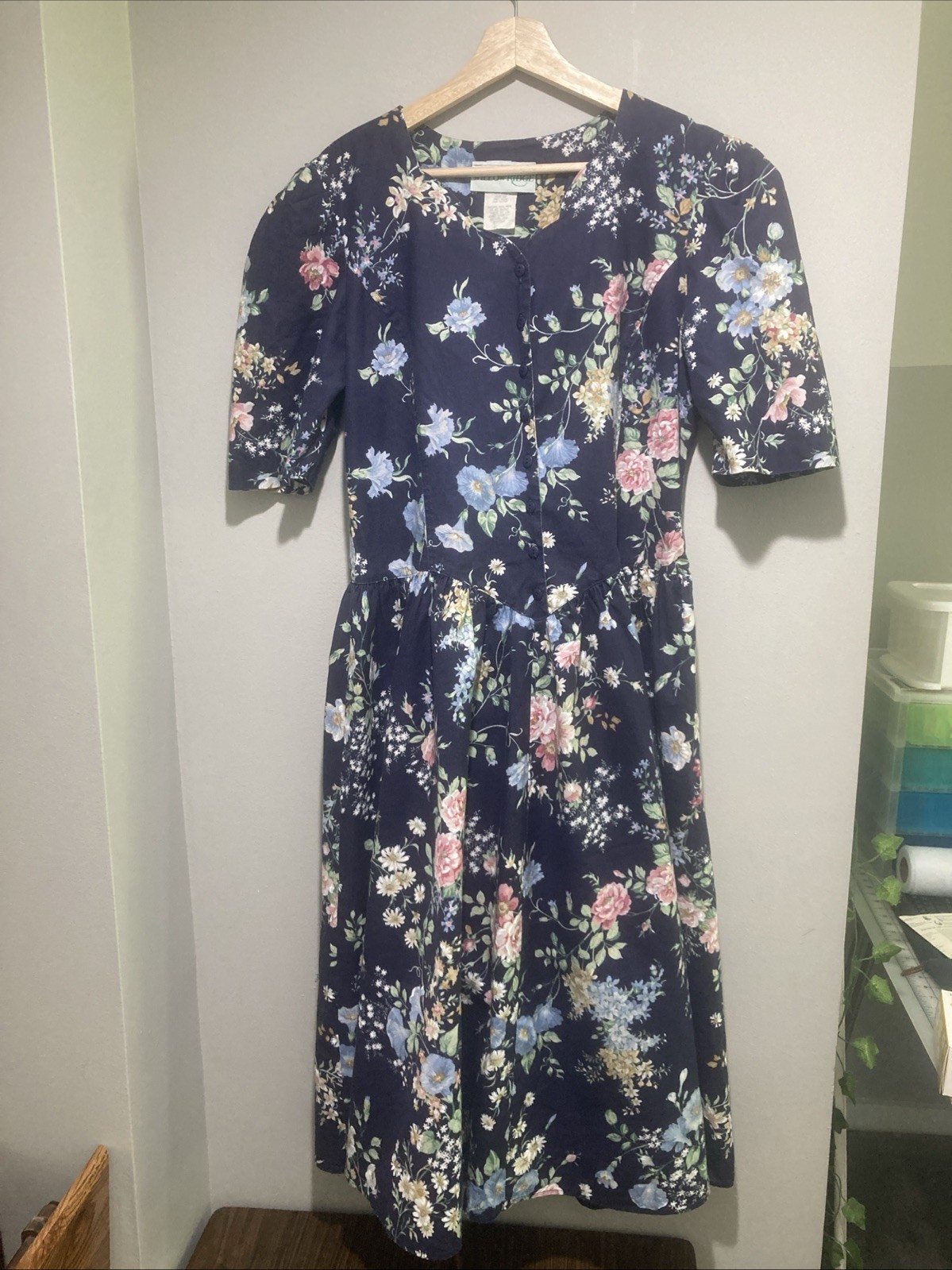 Vintage 1980s Willow Ridge Navy Floral Dress Size 12P Day Sundress Cottagecore