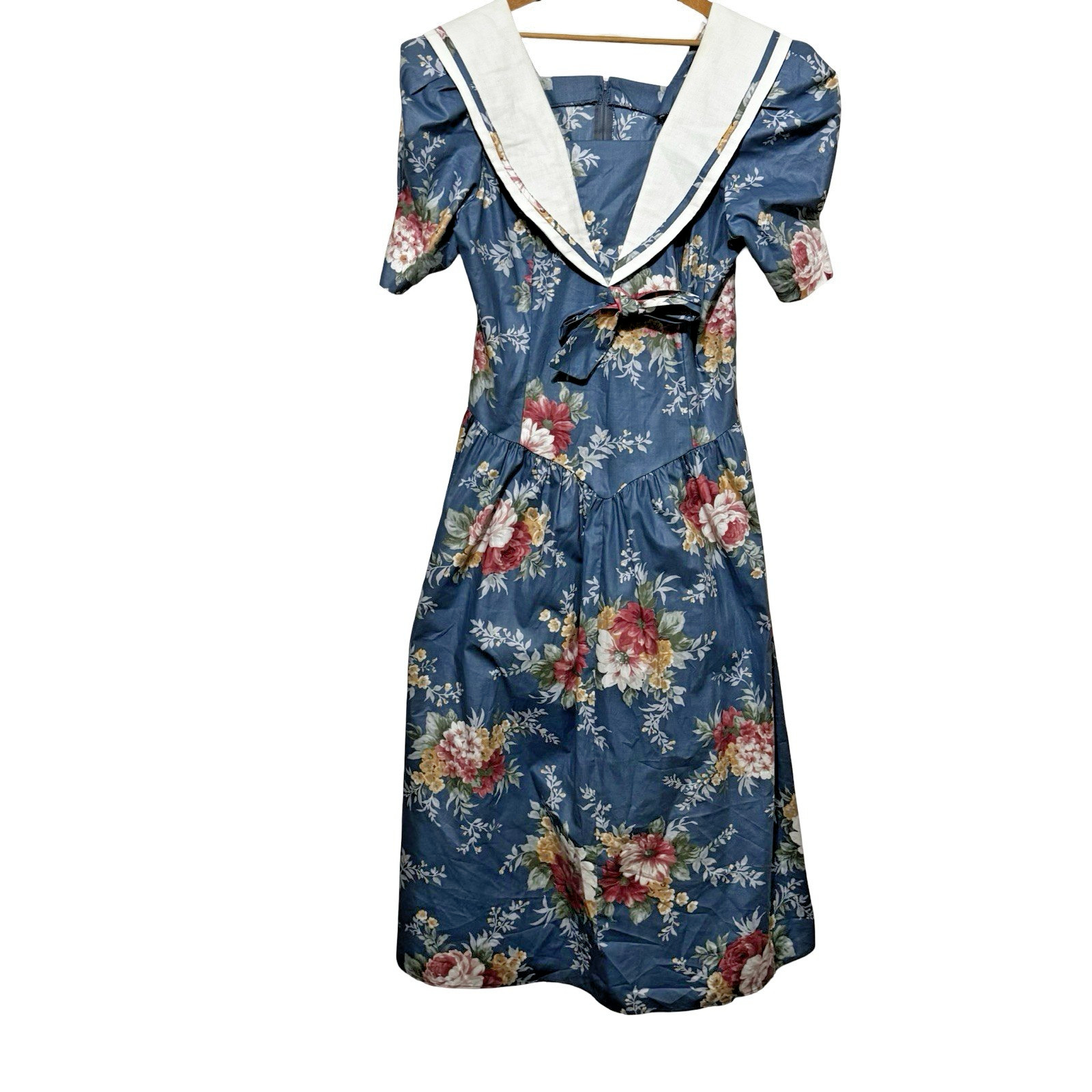 Vintage David Mitchell Floral Tea Dress Sailor Collar size Medium puff sleeve