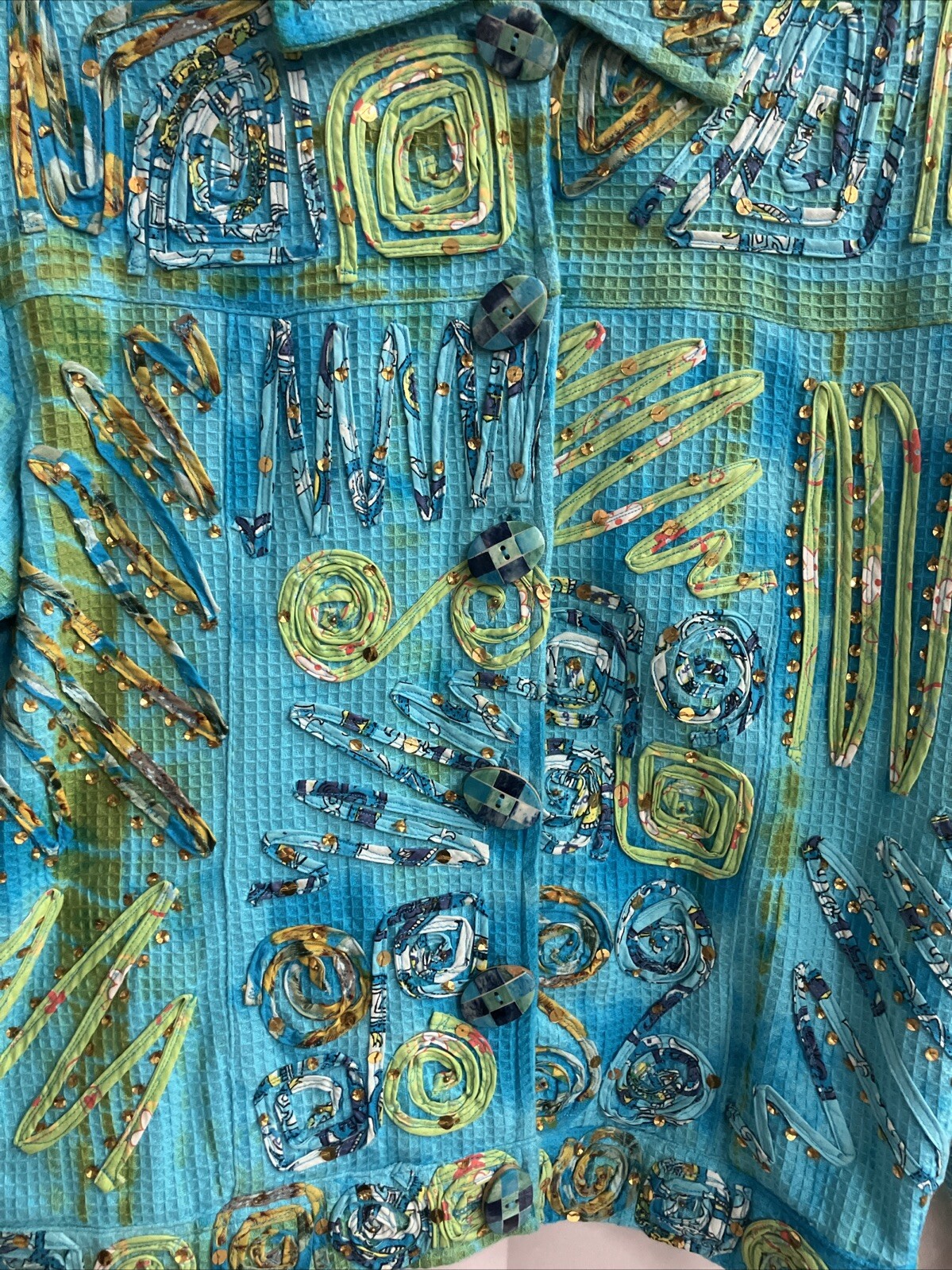 Vintage 90s Turquois Jacket Patchwork Bedazzle Retro CARRIE ALLEN Size Small